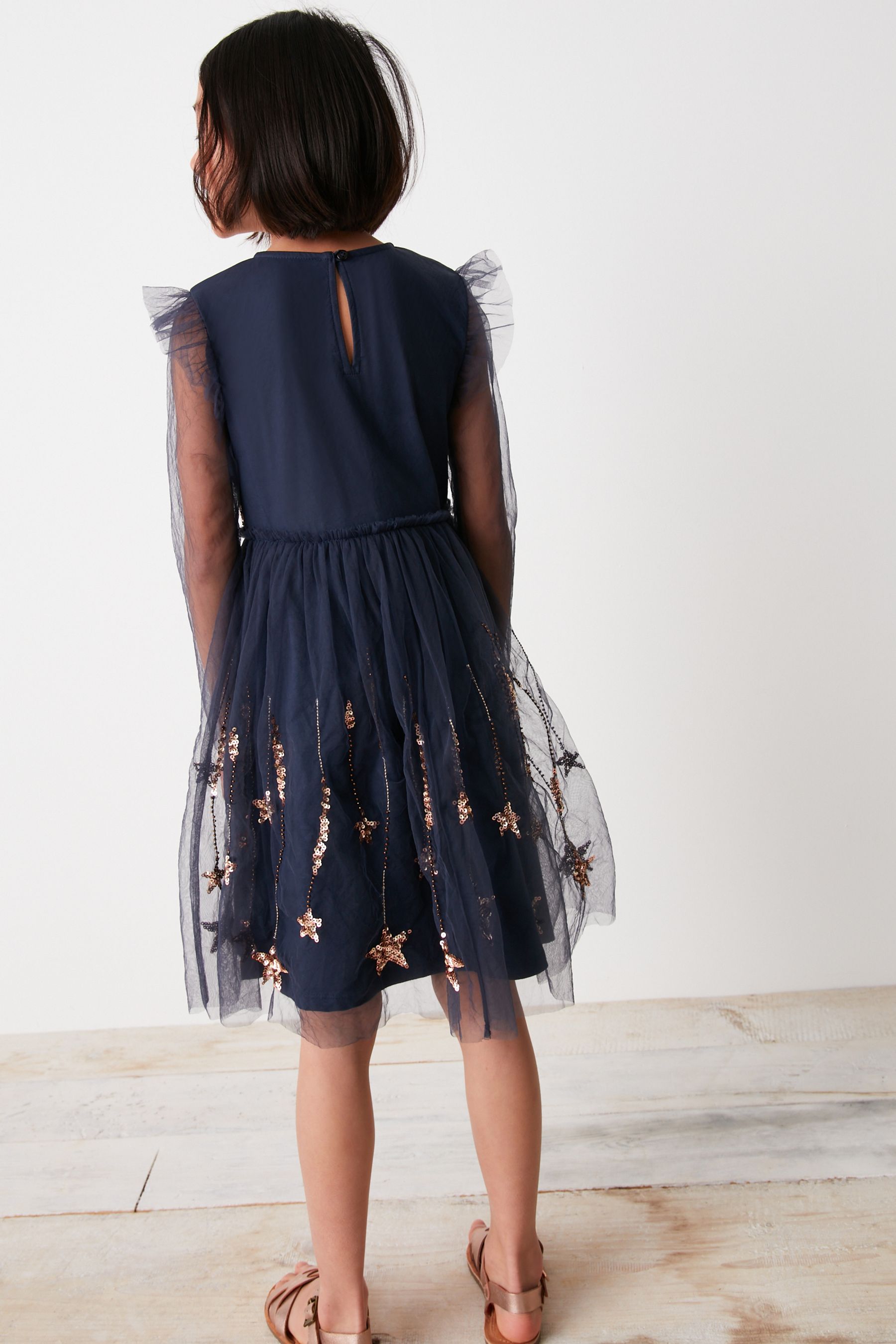 Navy Blue Sparkle Embroidered Occasion Dress (3-16yrs)