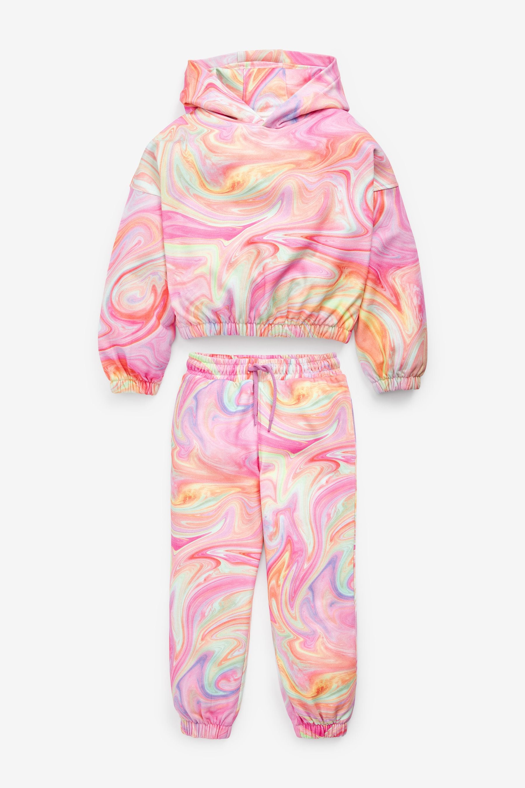 Pink Multi-colour Marble Print Hoodie And Joggers Set (3-16yrs)