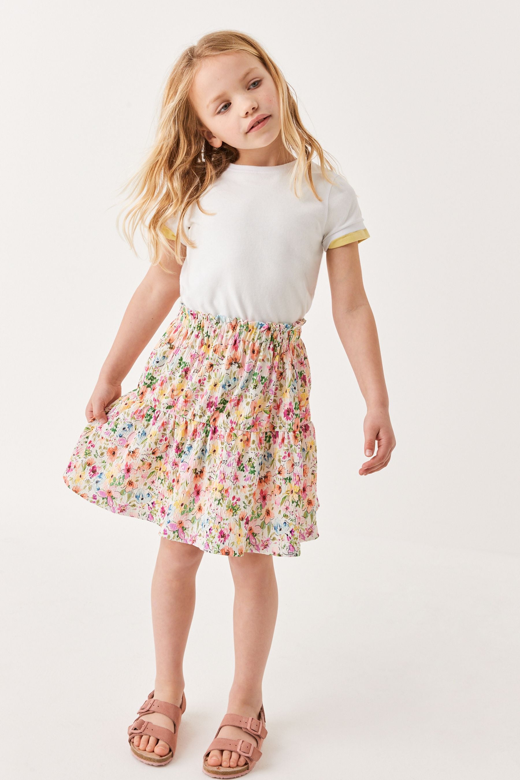 Ecru White/Pink Summer Floral Skirt (3-16yrs)