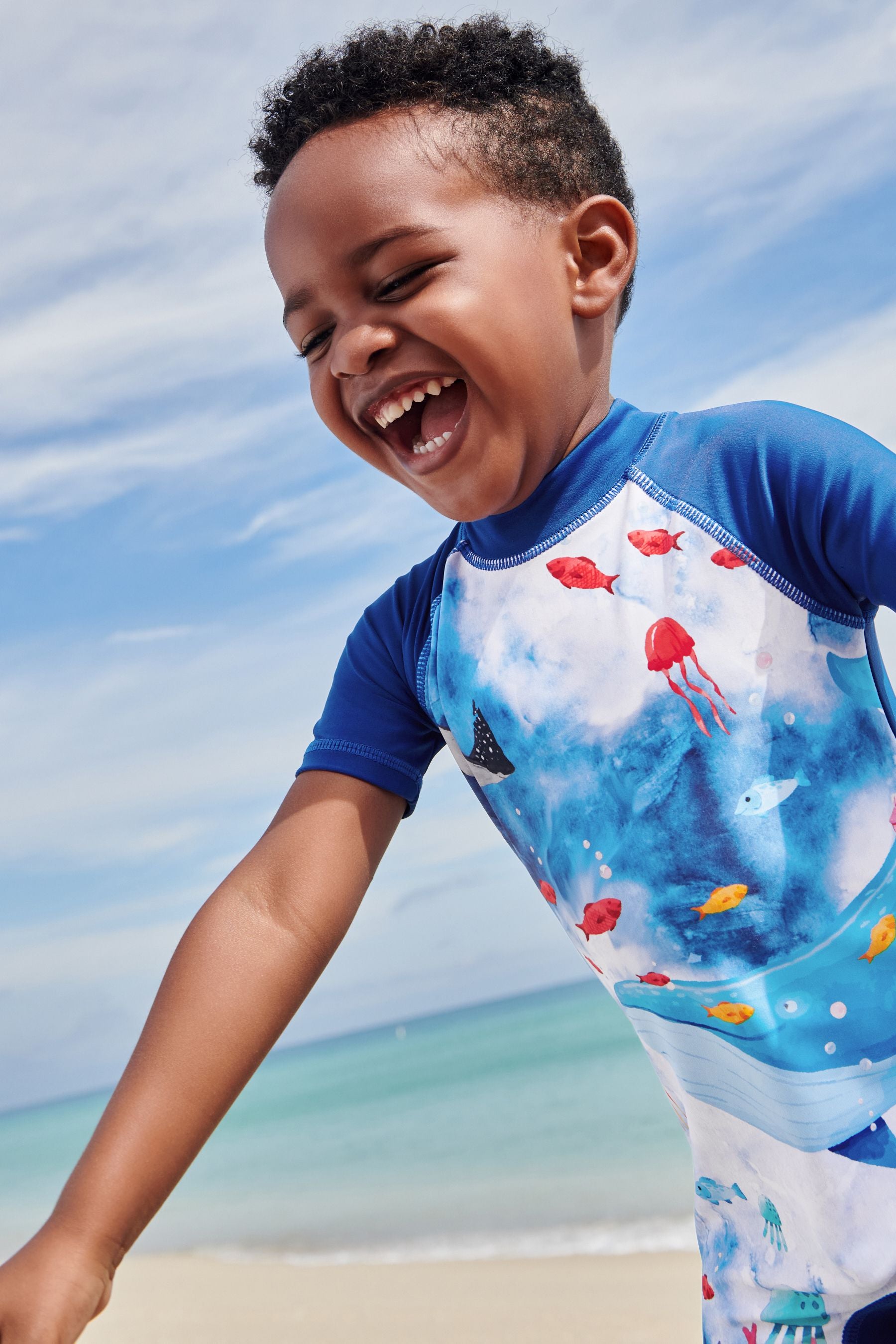 Blue Watercolour Whale Short Sleeve Sunsafe All-In-One Swimsuit (3mths-7yrs)