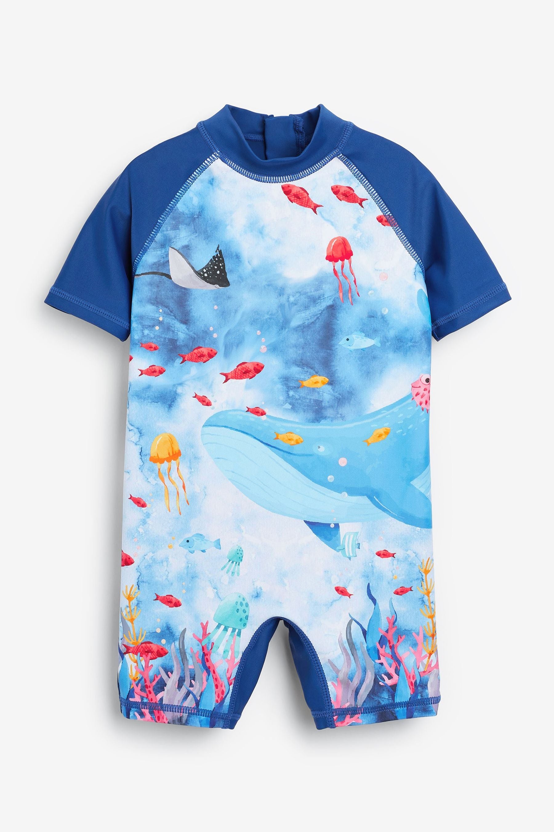 Blue Watercolour Whale Short Sleeve Sunsafe All-In-One Swimsuit (3mths-7yrs)