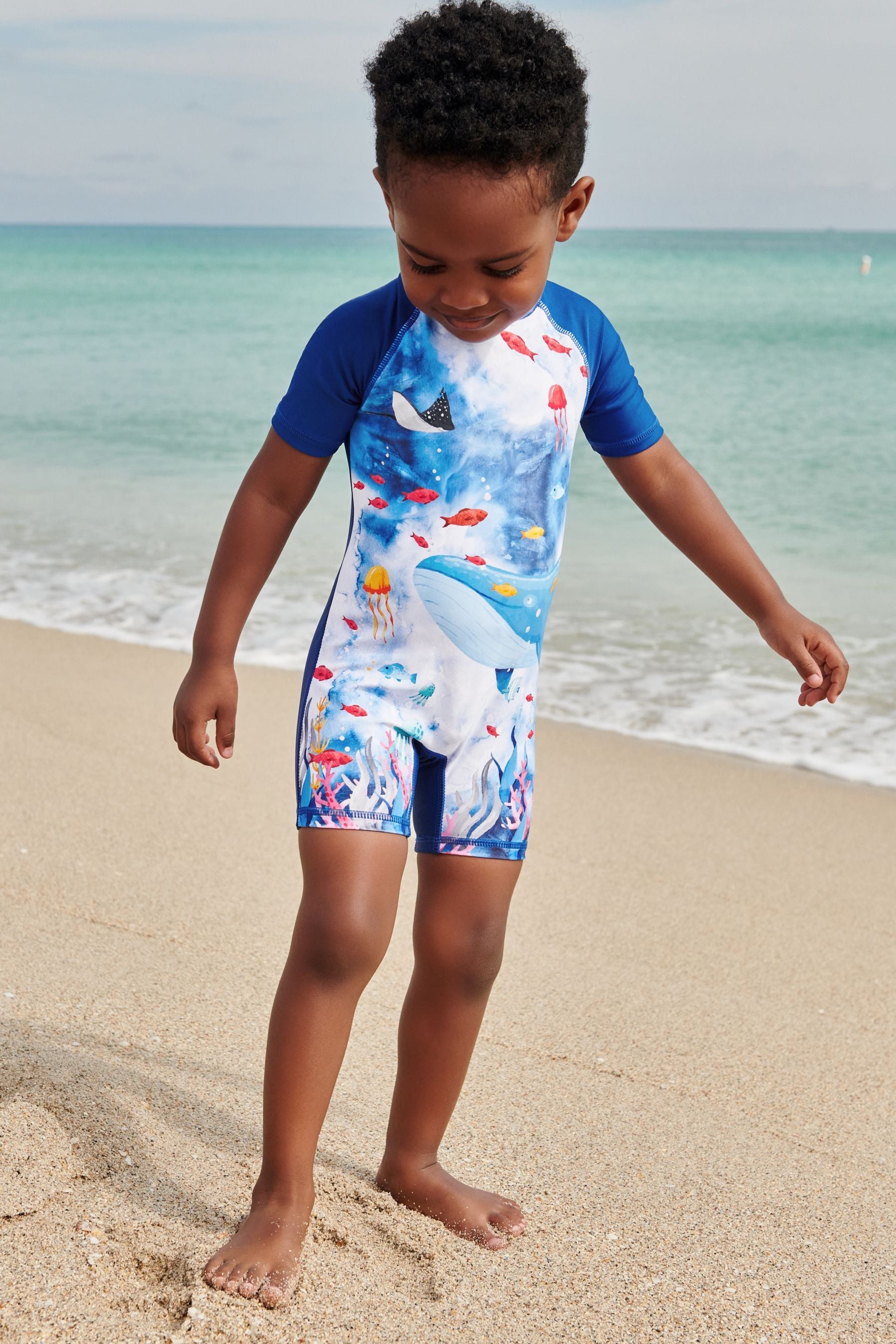 Blue Watercolour Whale Short Sleeve Sunsafe All-In-One Swimsuit (3mths-7yrs)