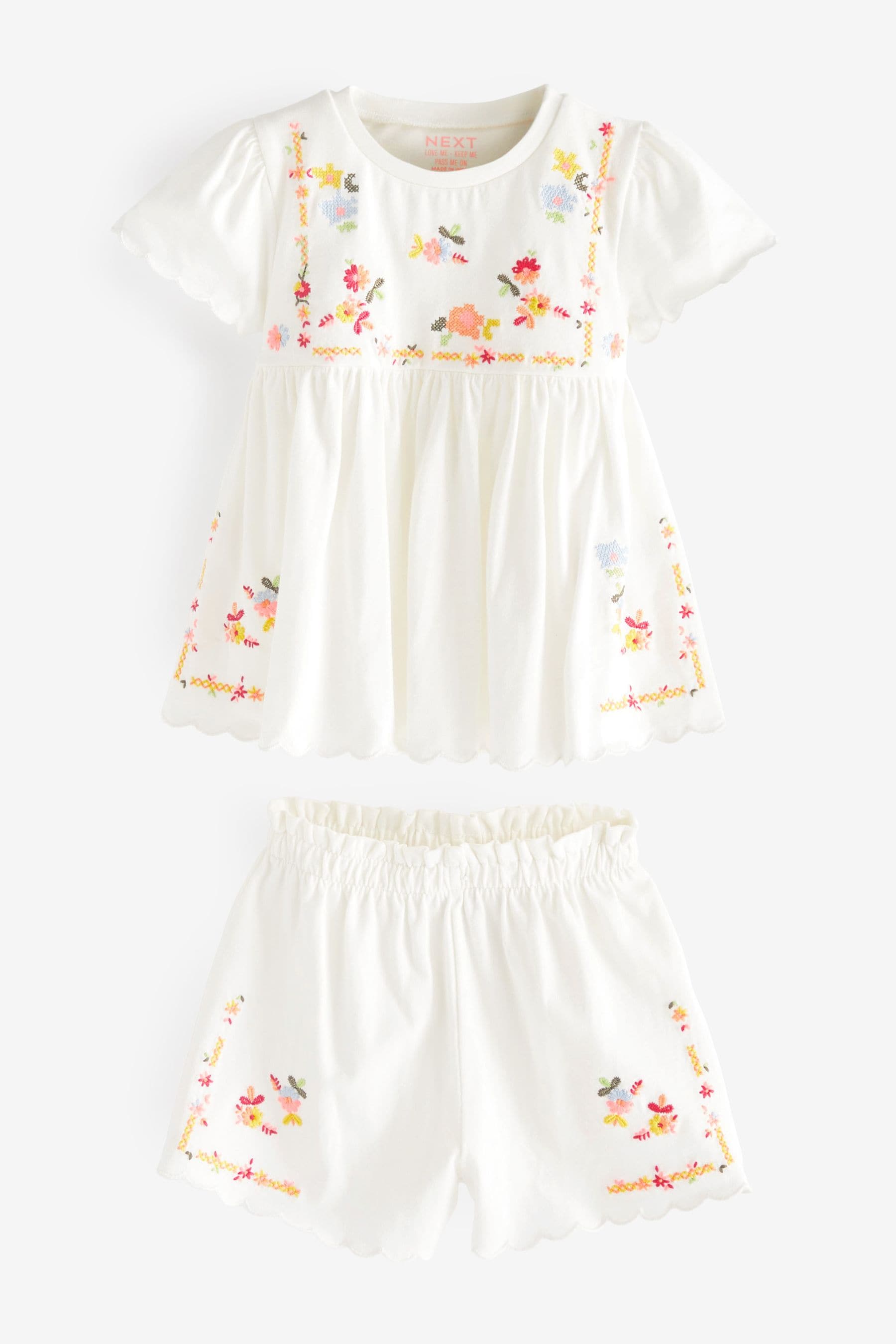 White Embroidered Floral Scallop Short Sleeve Top And Shorts Set (3mths-7yrs)