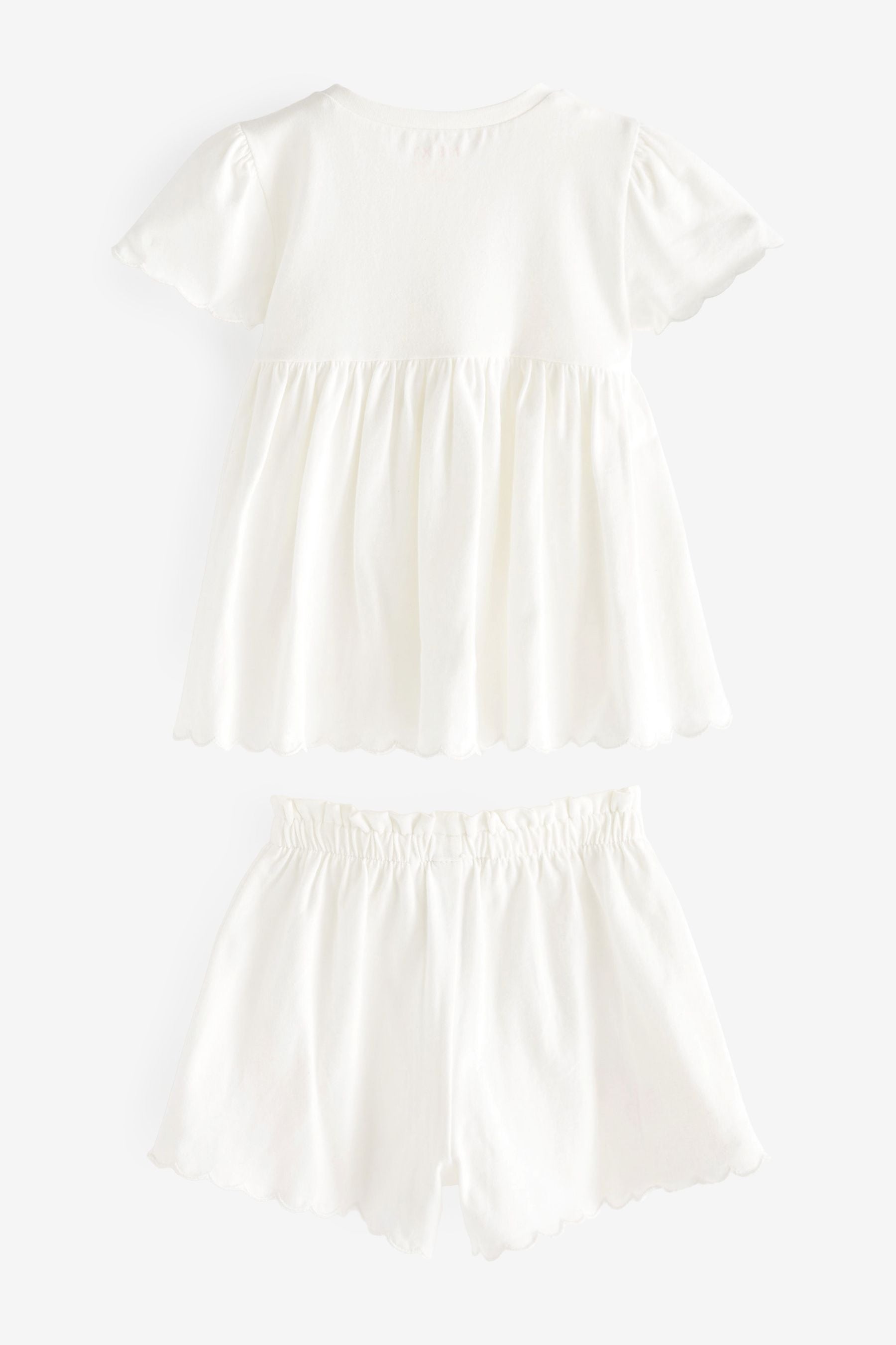 White Embroidered Floral Scallop Short Sleeve Top And Shorts Set (3mths-7yrs)