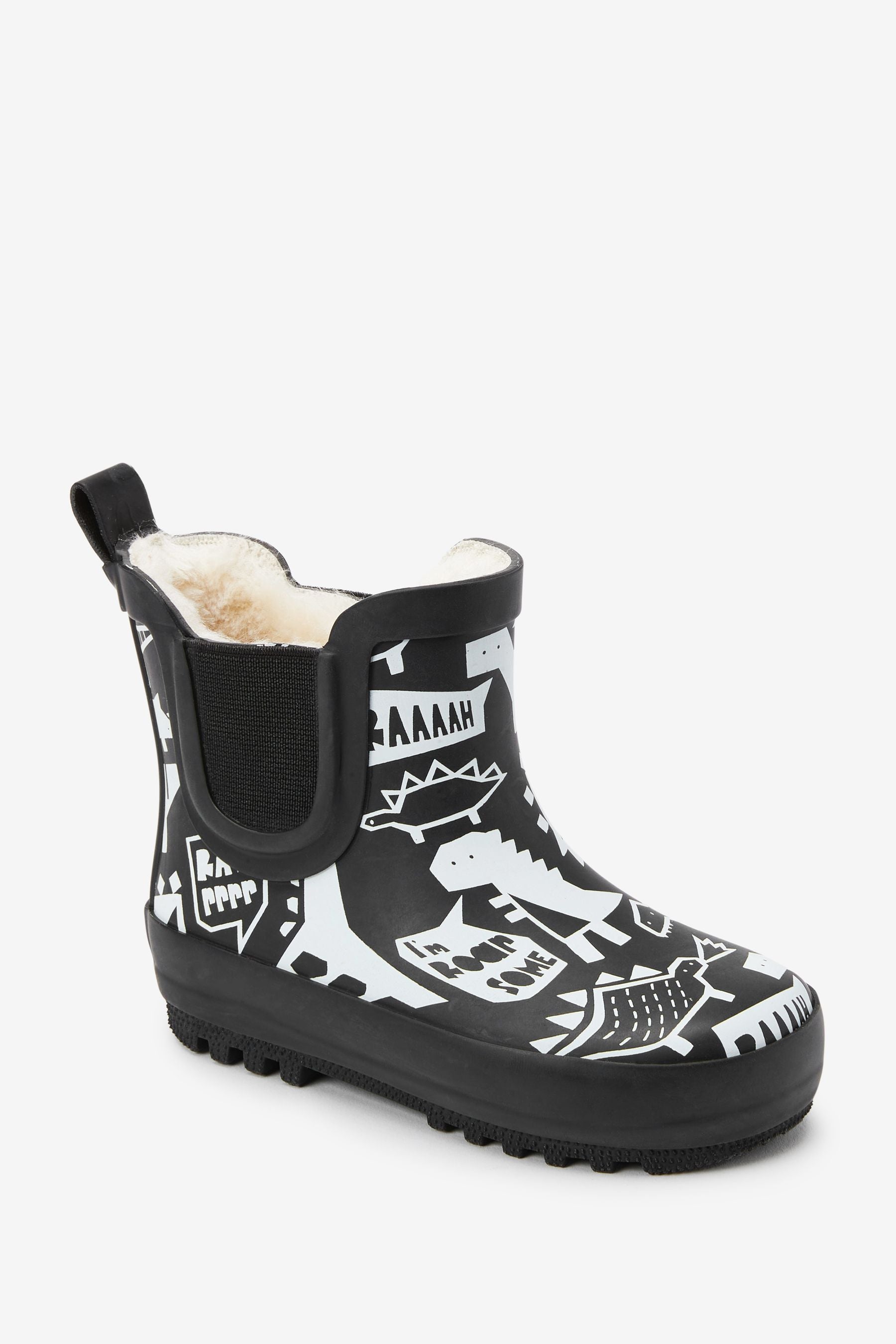 Black Dinosaurs Warm Lined Ankle Wellies