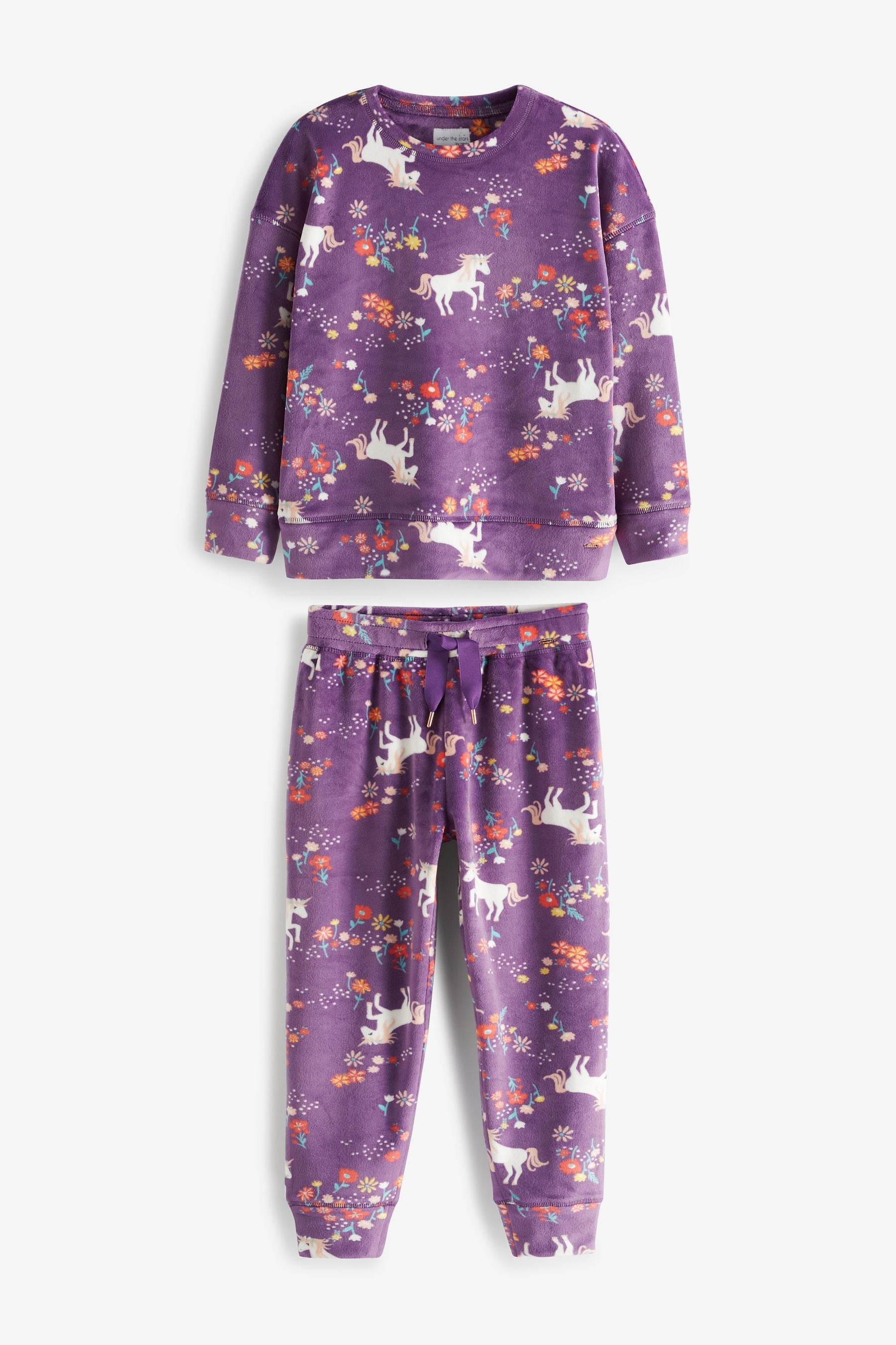 Purple Unicorn And Flower Print Velour Lounge Set (3-16yrs)