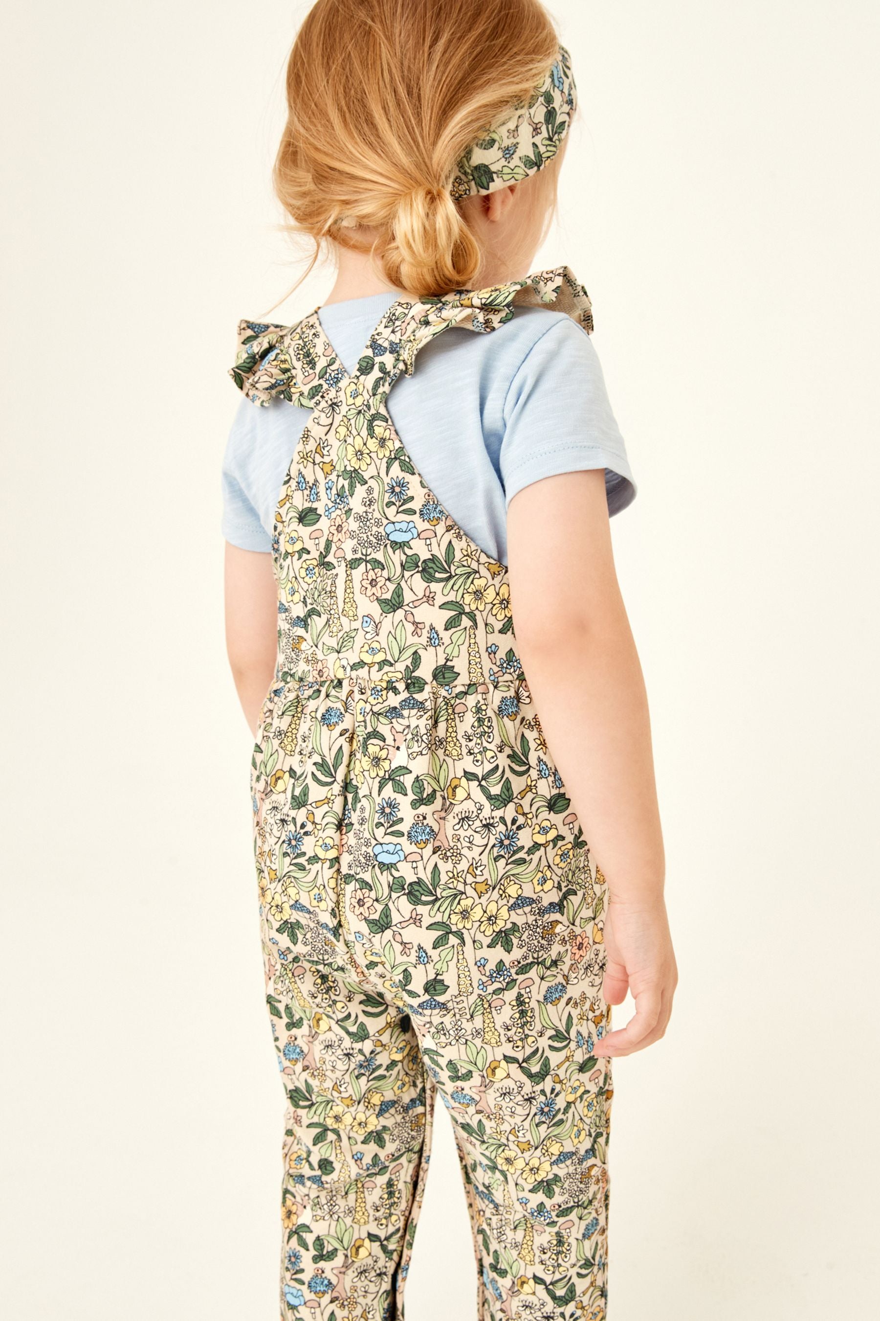 Blue Floral 3 Piece Dungarees, T-Shirt And Headband Set (3mths-7yrs)