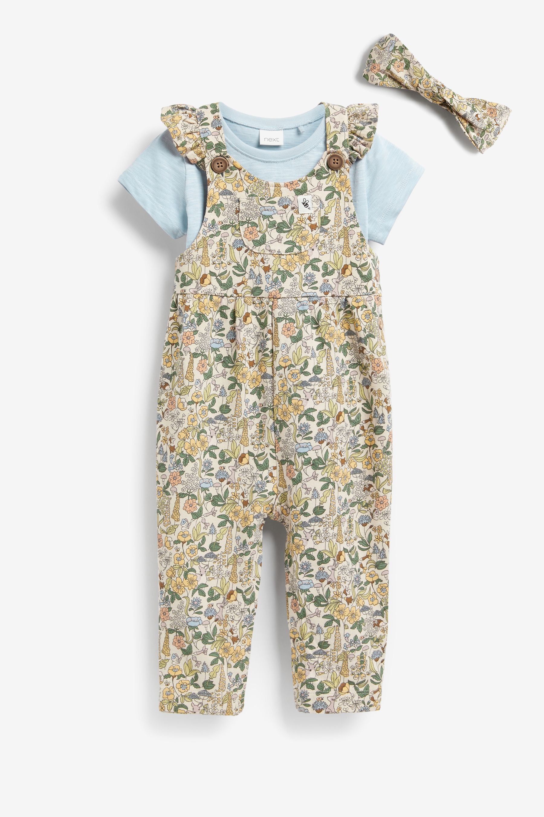 Blue Floral 3 Piece Dungarees, T-Shirt And Headband Set (3mths-7yrs)