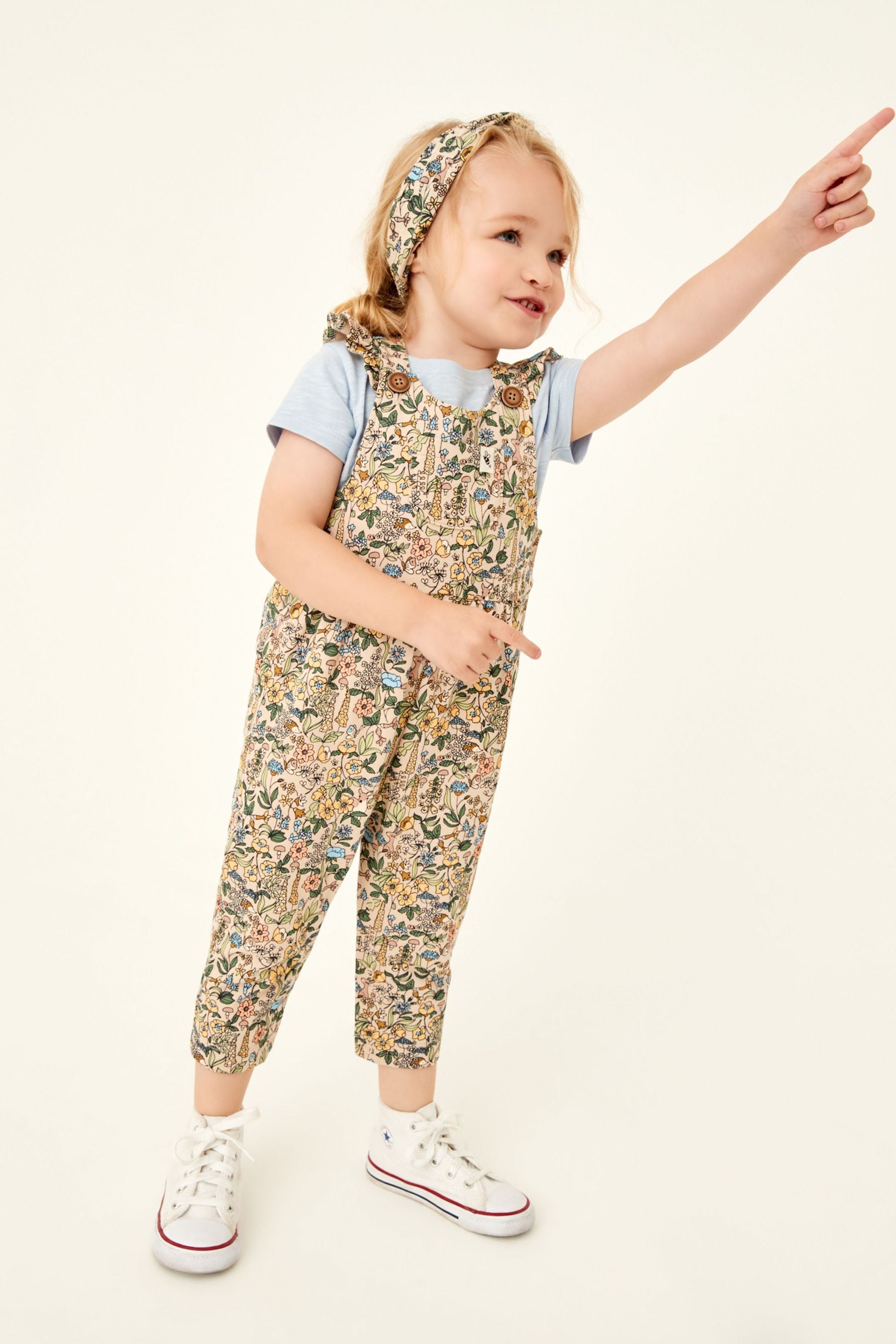 Blue Floral 3 Piece Dungarees, T-Shirt And Headband Set (3mths-7yrs)