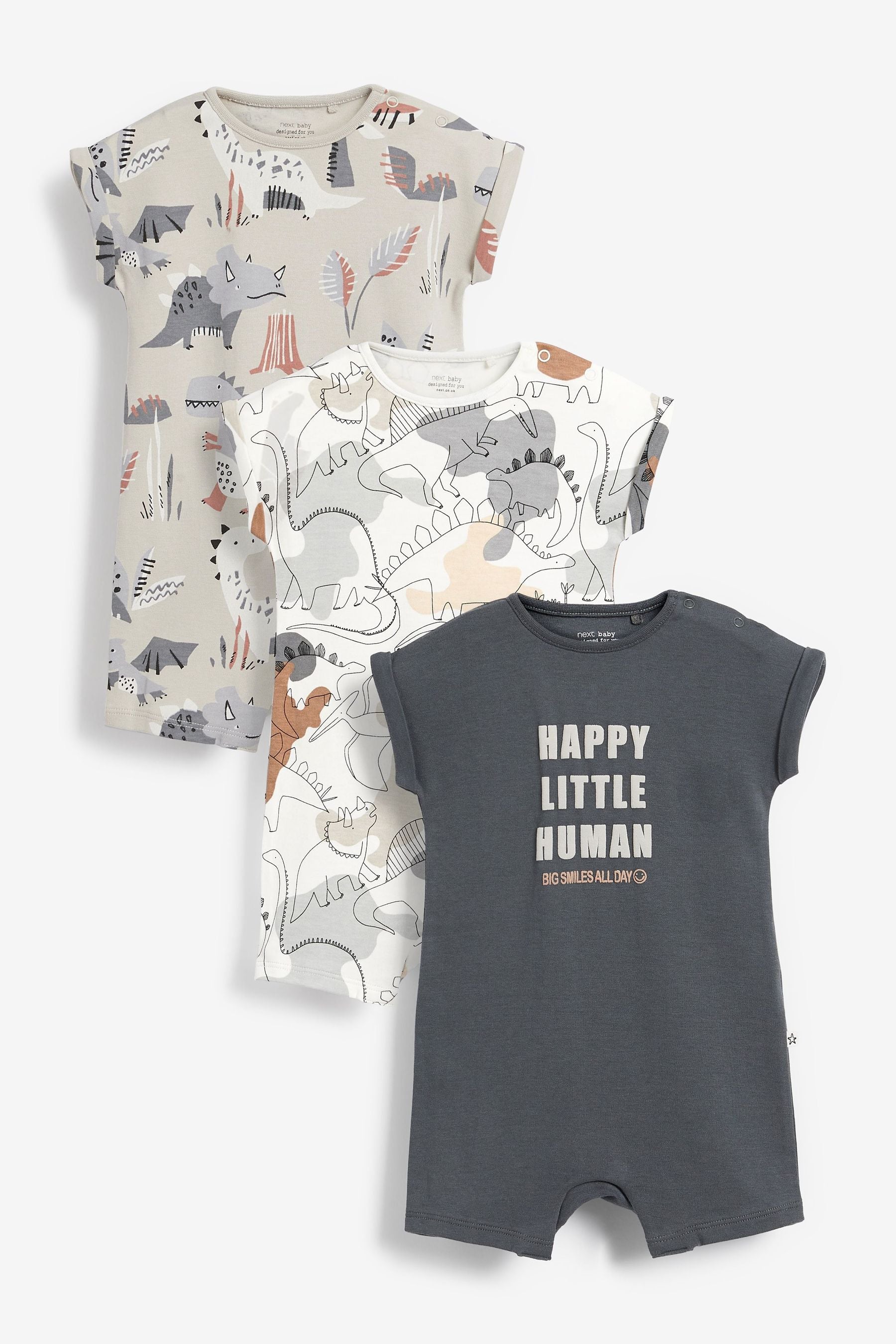 Grey Dinosaur Print Baby 3 Pack Rompers (0mths-3yrs)