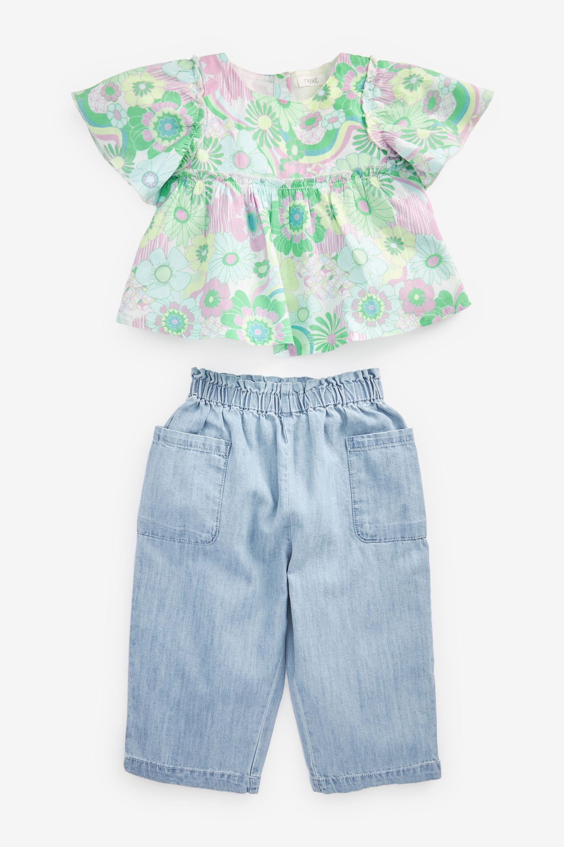 Green Floral Blouse And Denim Set (3mths-7yrs)