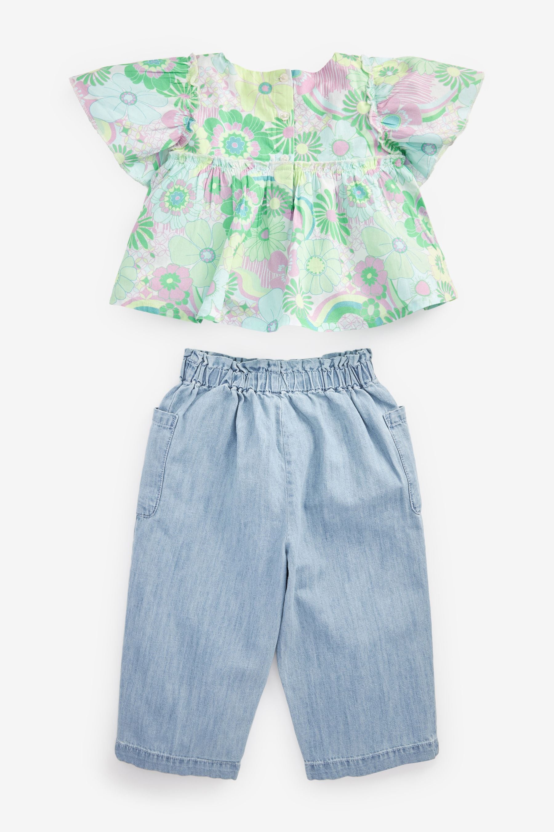 Green Floral Blouse And Denim Set (3mths-7yrs)