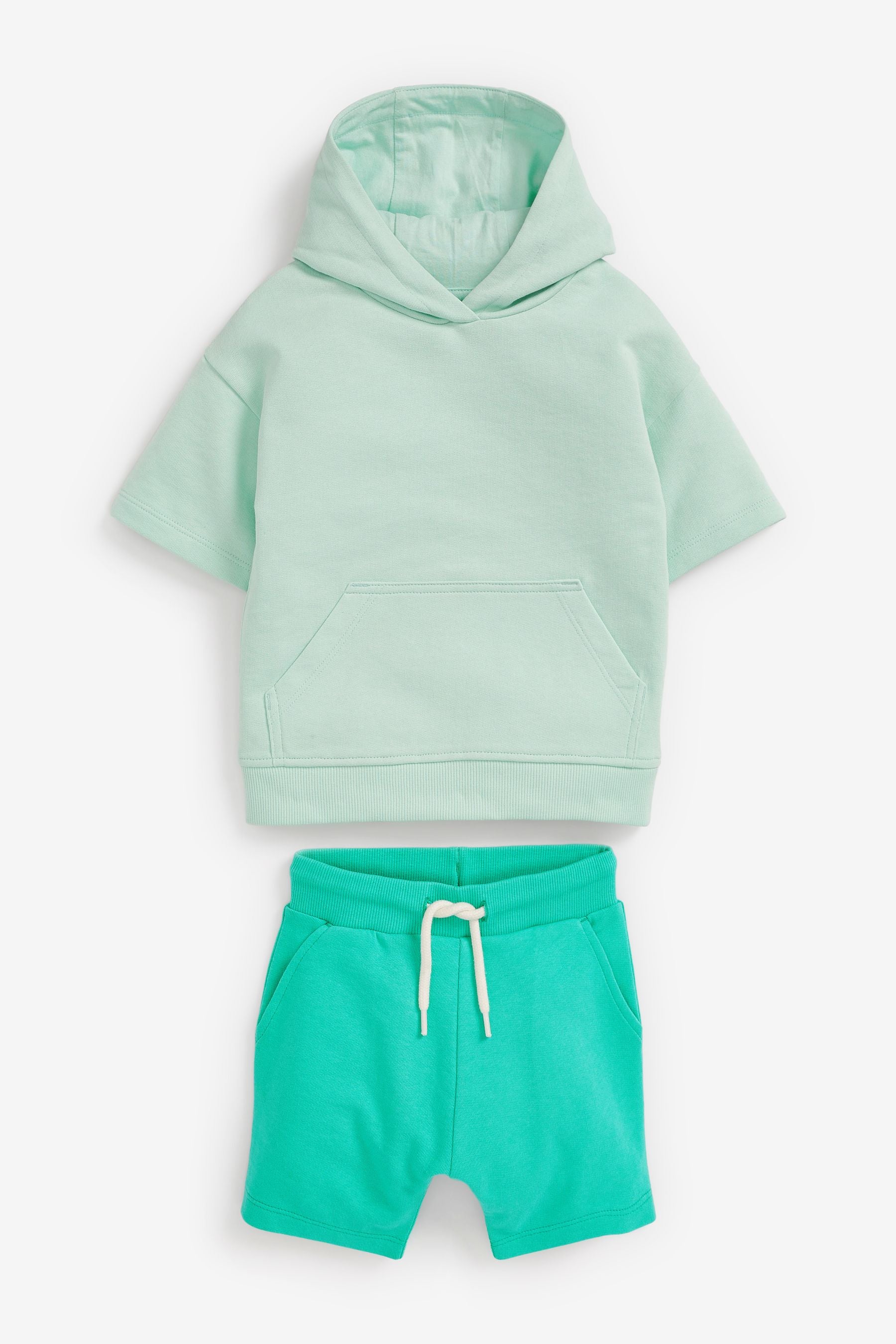 Mint Green Tonal Short Sleeve Hoodie And Shorts Set (3mths-7yrs)