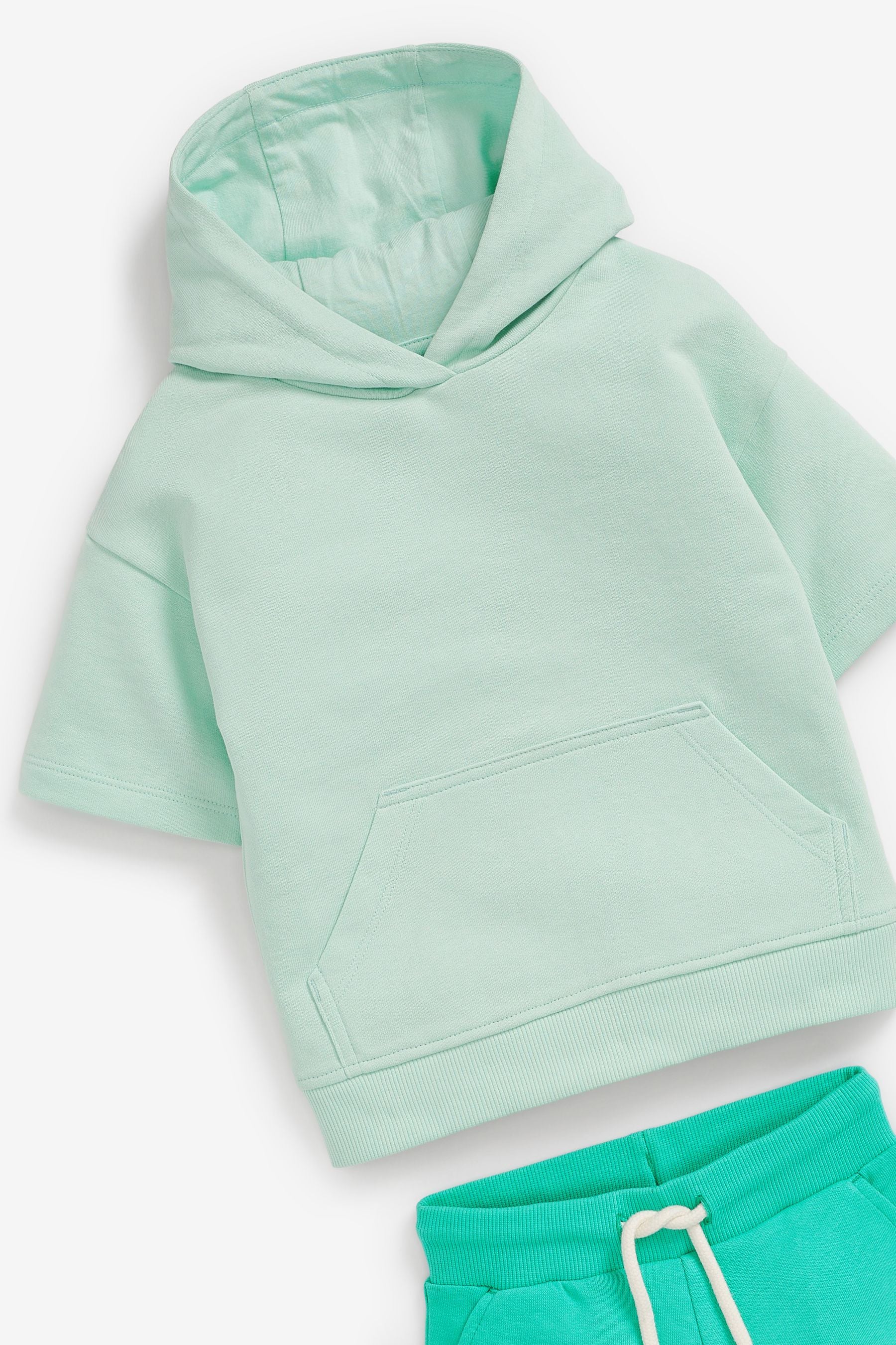 Mint Green Tonal Short Sleeve Hoodie And Shorts Set (3mths-7yrs)