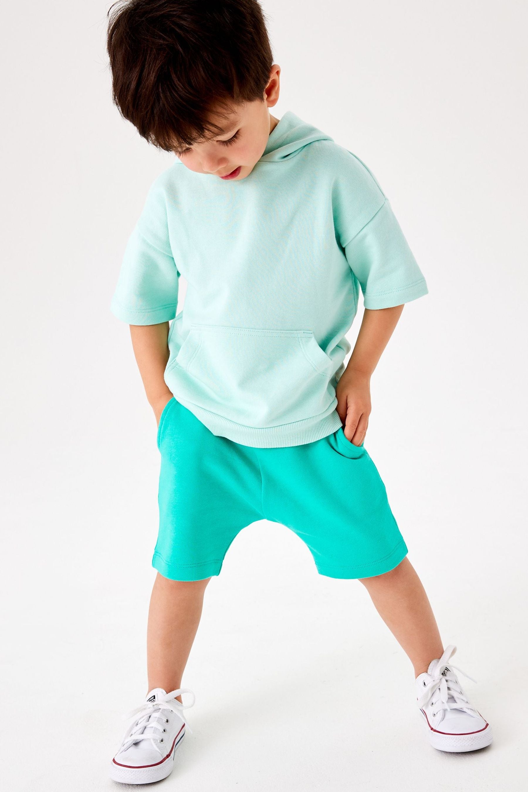 Mint Green Tonal Short Sleeve Hoodie And Shorts Set (3mths-7yrs)