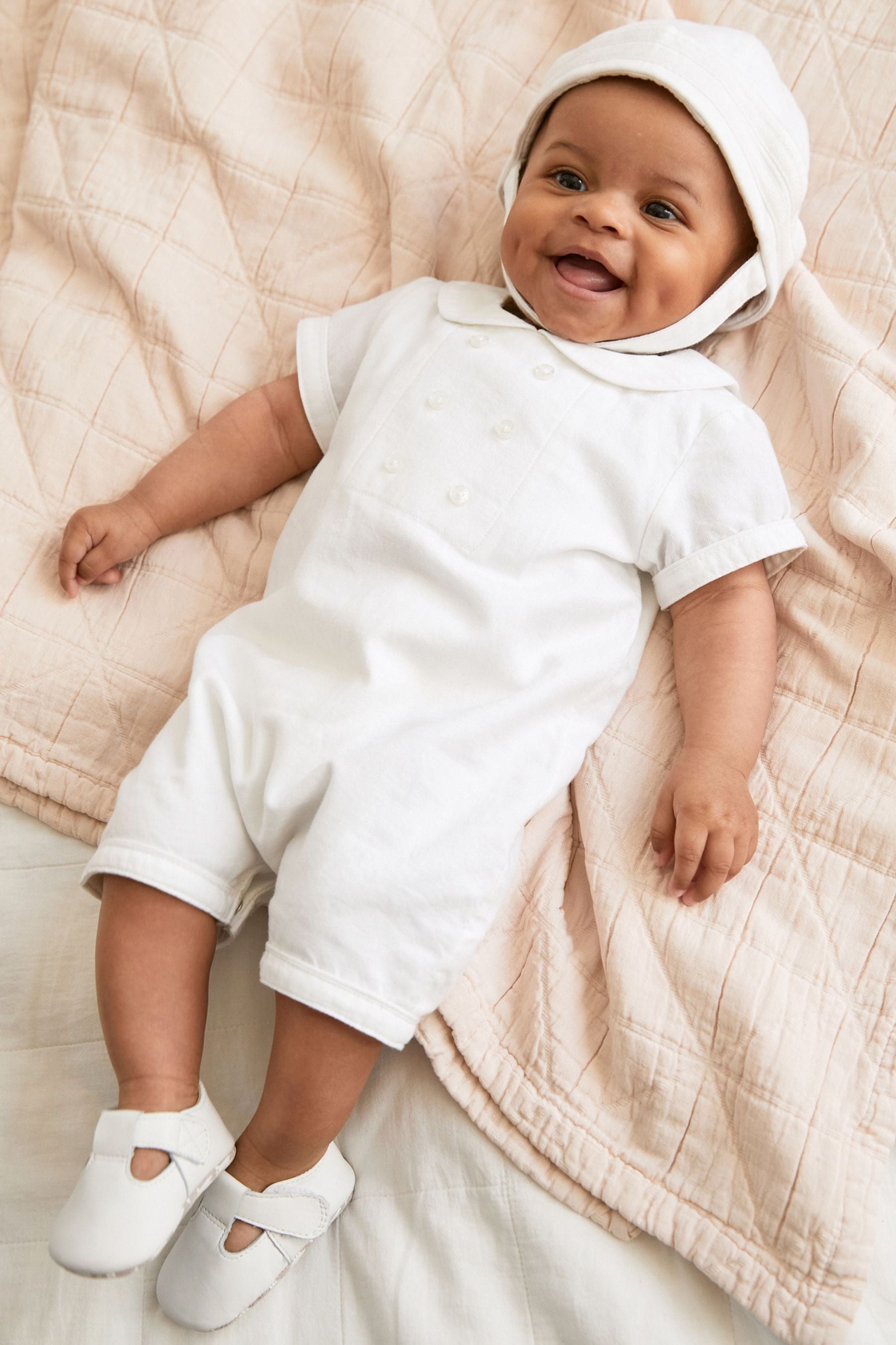 White Baby 2 Piece Occasion Romper and Hat Set (0mths-2yrs)