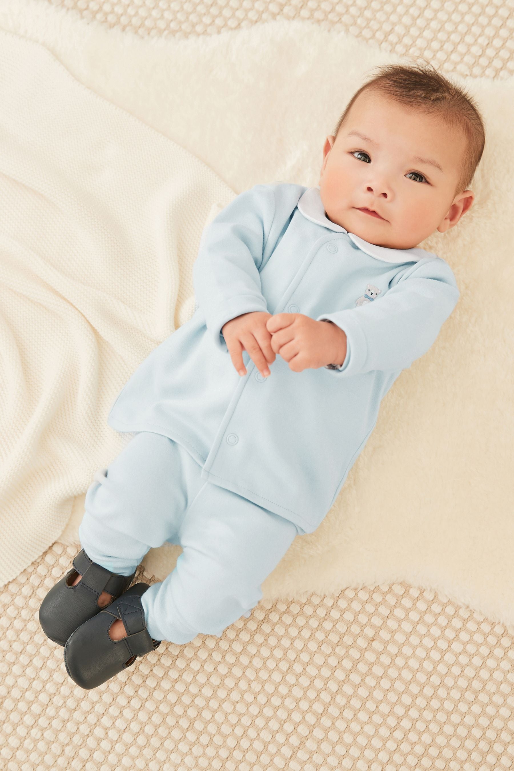 Blue Baby 3 Piece Embroidered Top, Leggings And Cardigan Set