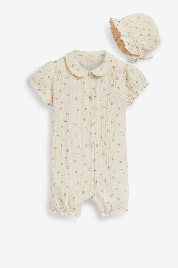 Cream/Red With Bonnet Pyjama Romper (0mths-3yrs)