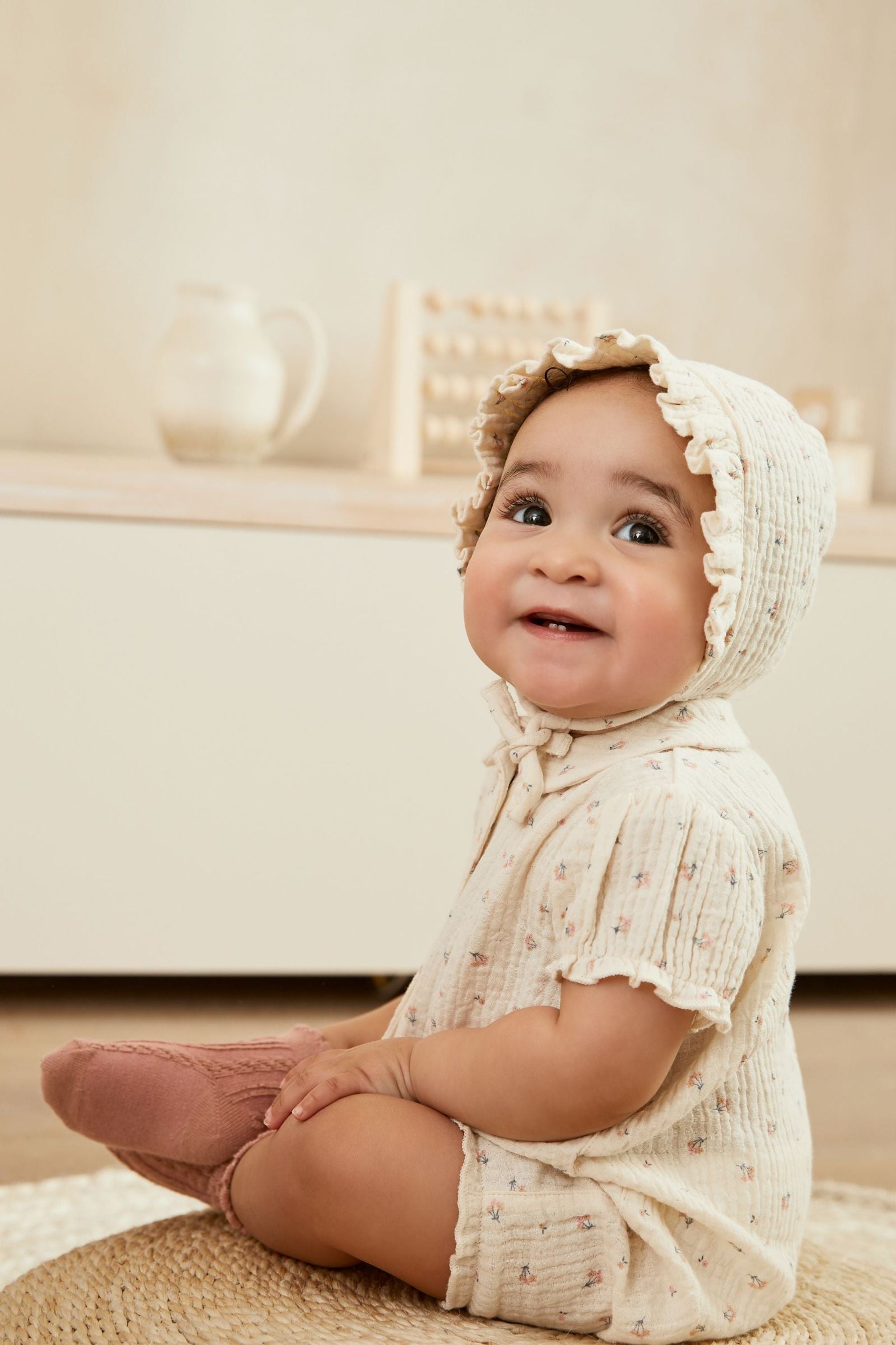 Cream/Red With Bonnet Pyjama Romper (0mths-3yrs)