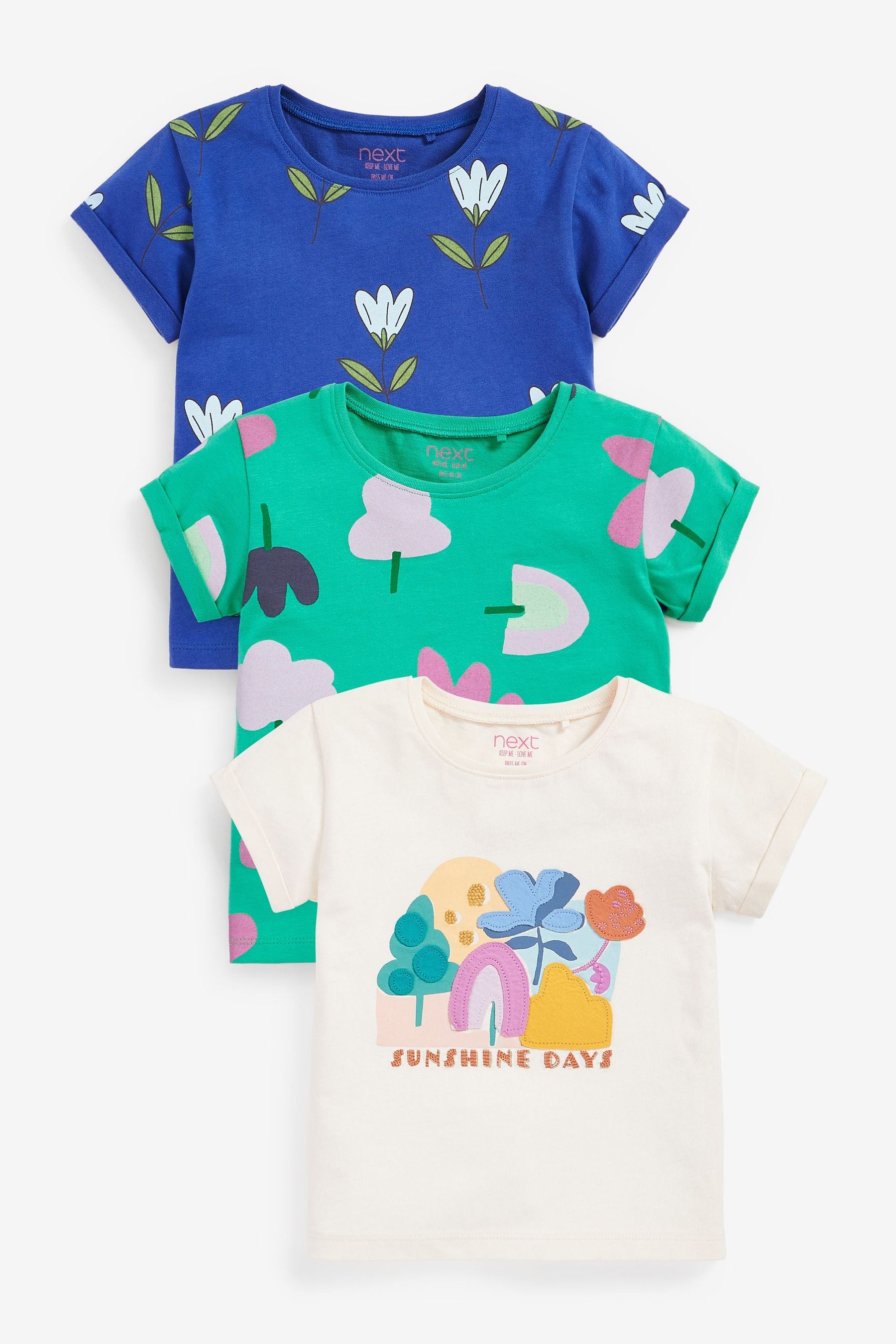 Blue/Green Flowers 3 Pack T-Shirts (3mths-7yrs)