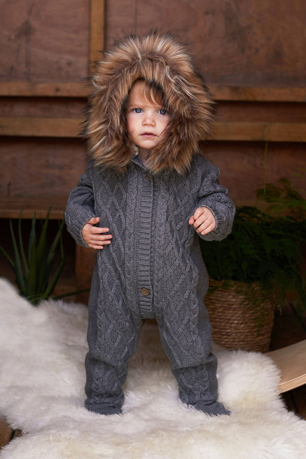 Charcoal Grey The Little Tailor Baby Knitted Faux Fur Trim Fully Lined Pramsuit