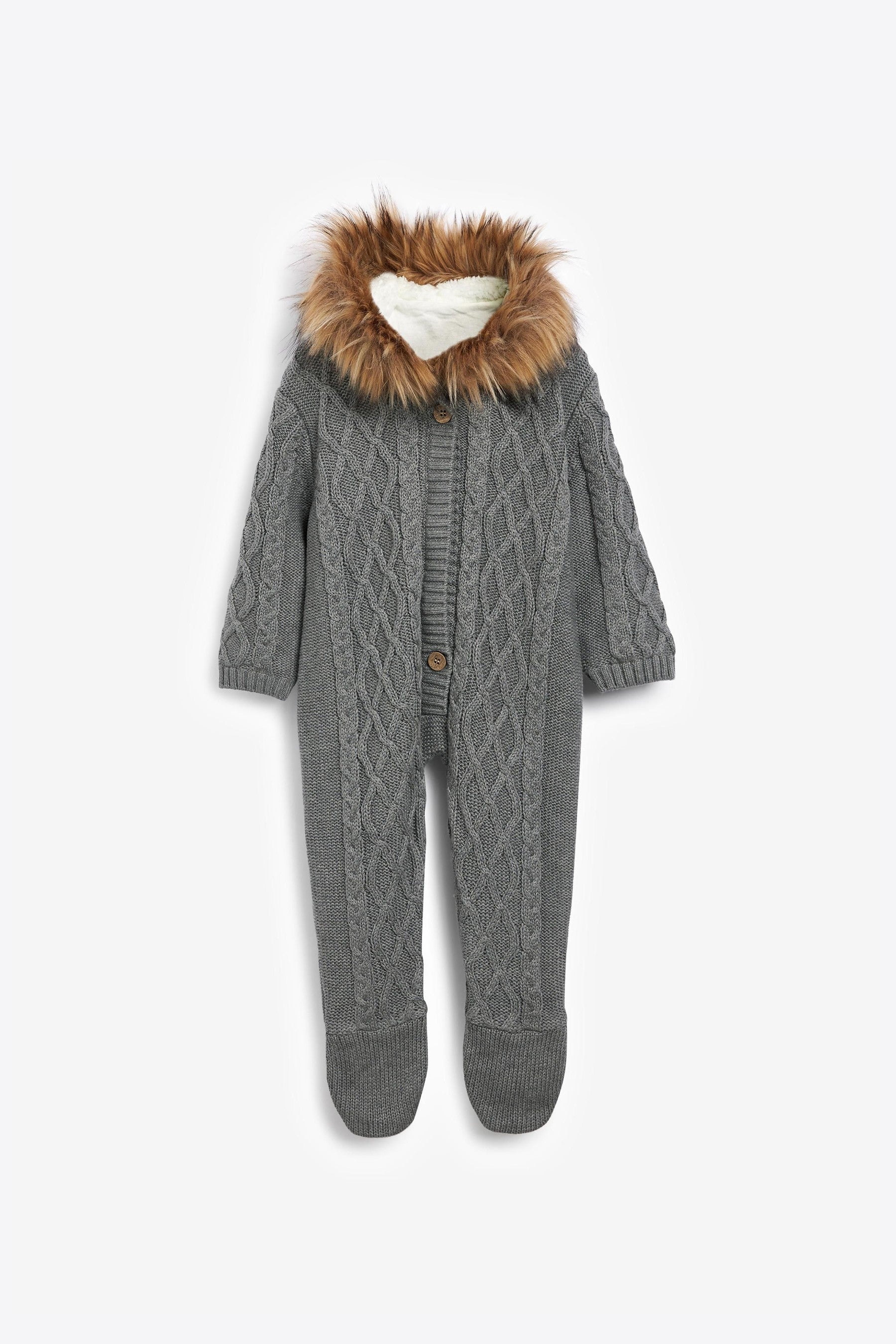 Charcoal Grey The Little Tailor Baby Knitted Faux Fur Trim Fully Lined Pramsuit