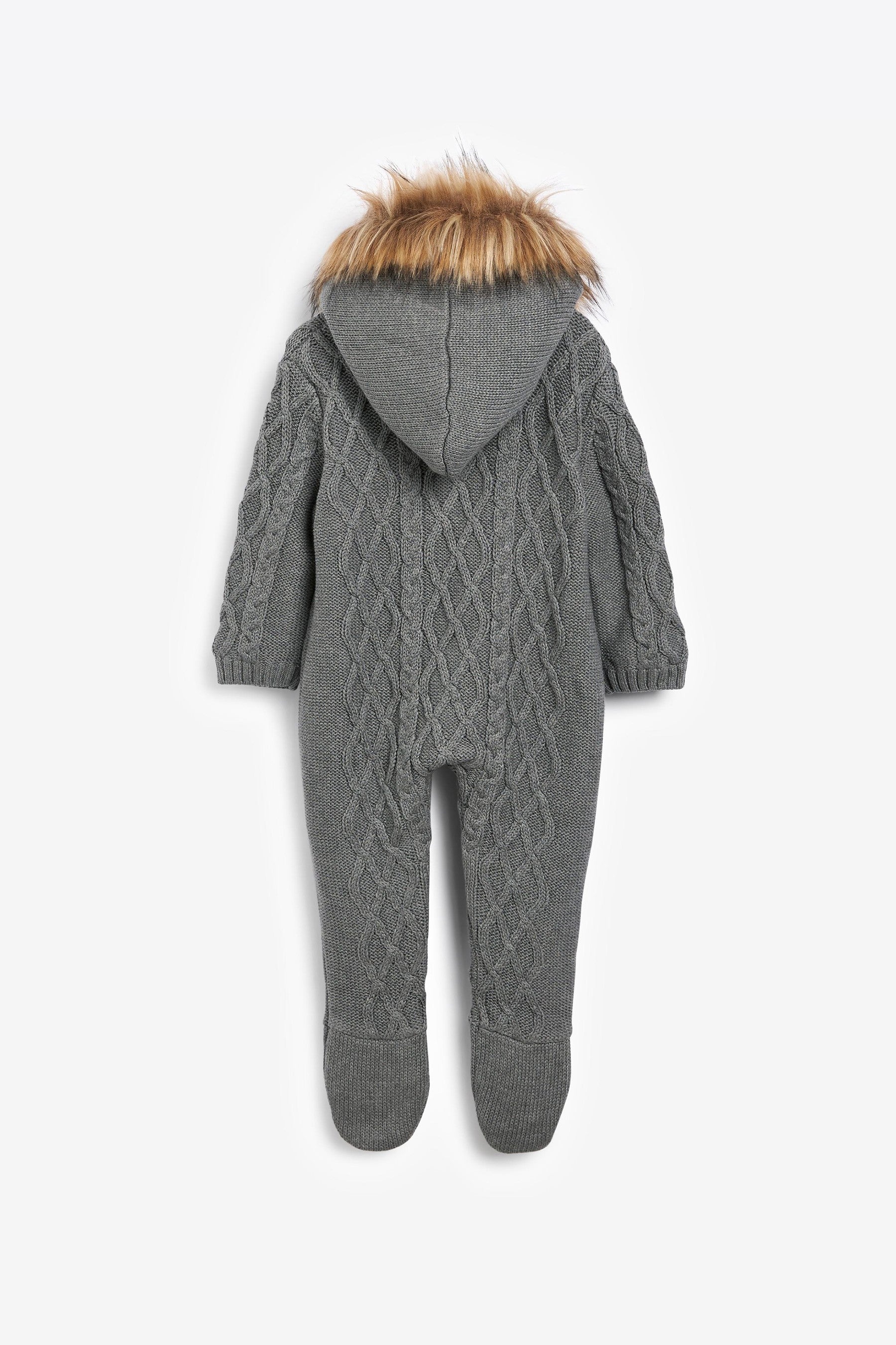 Charcoal Grey The Little Tailor Baby Knitted Faux Fur Trim Fully Lined Pramsuit