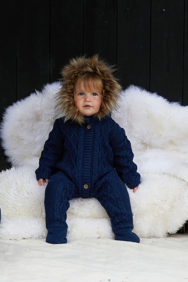 Navy The Little Tailor Baby Knitted Faux Fur Trim Fully Lined Pramsuit