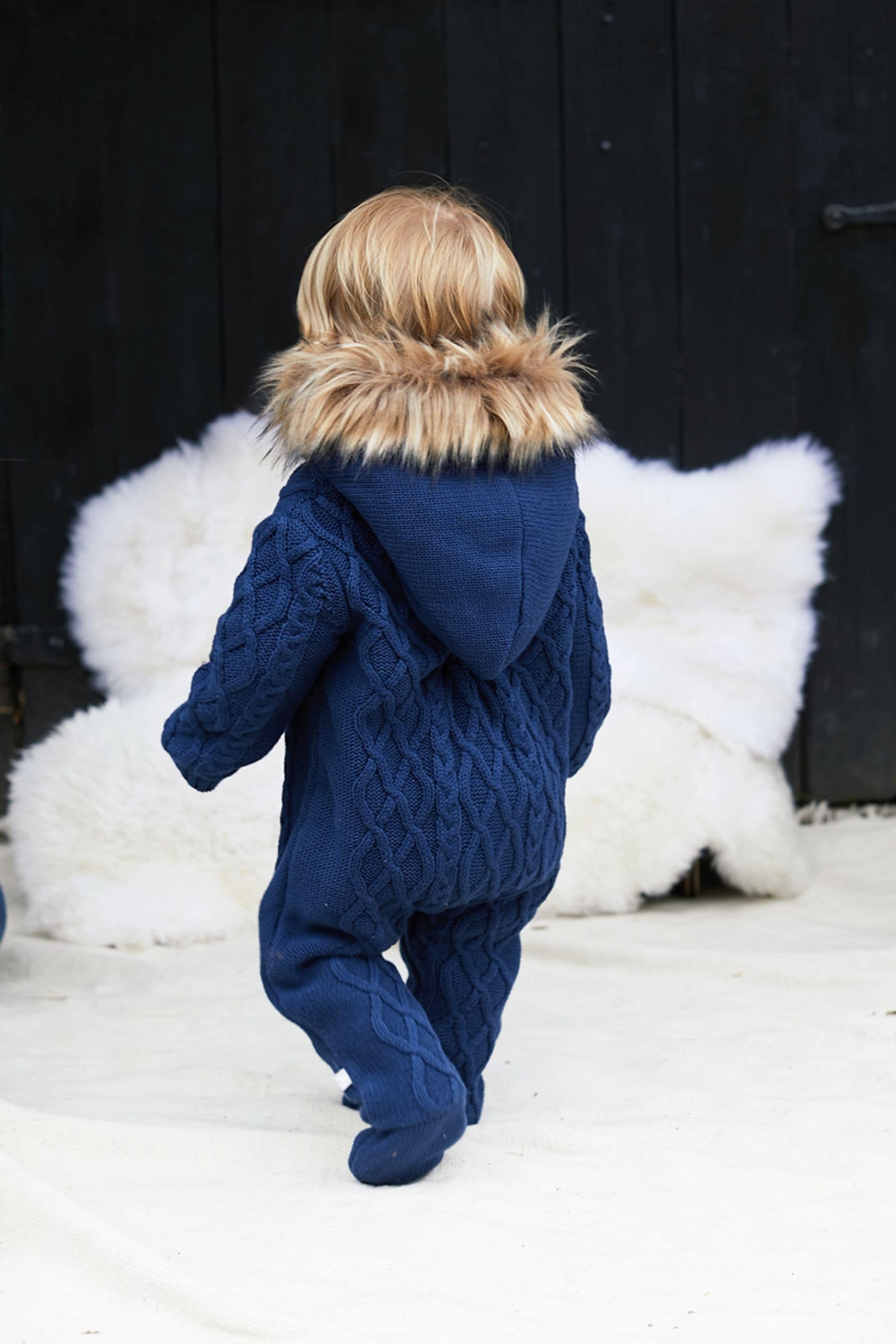 Navy The Little Tailor Baby Knitted Faux Fur Trim Fully Lined Pramsuit