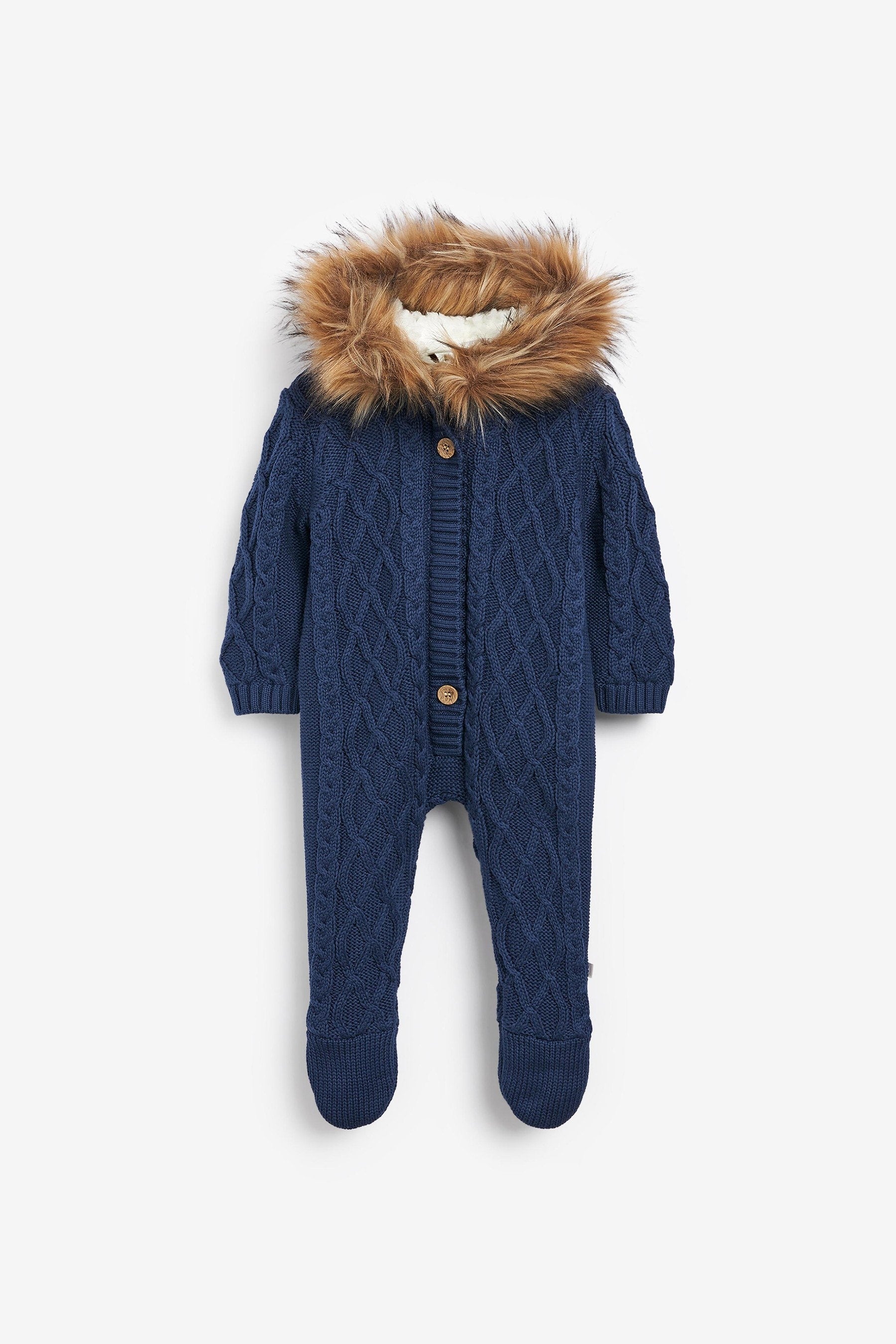 Navy The Little Tailor Baby Knitted Faux Fur Trim Fully Lined Pramsuit