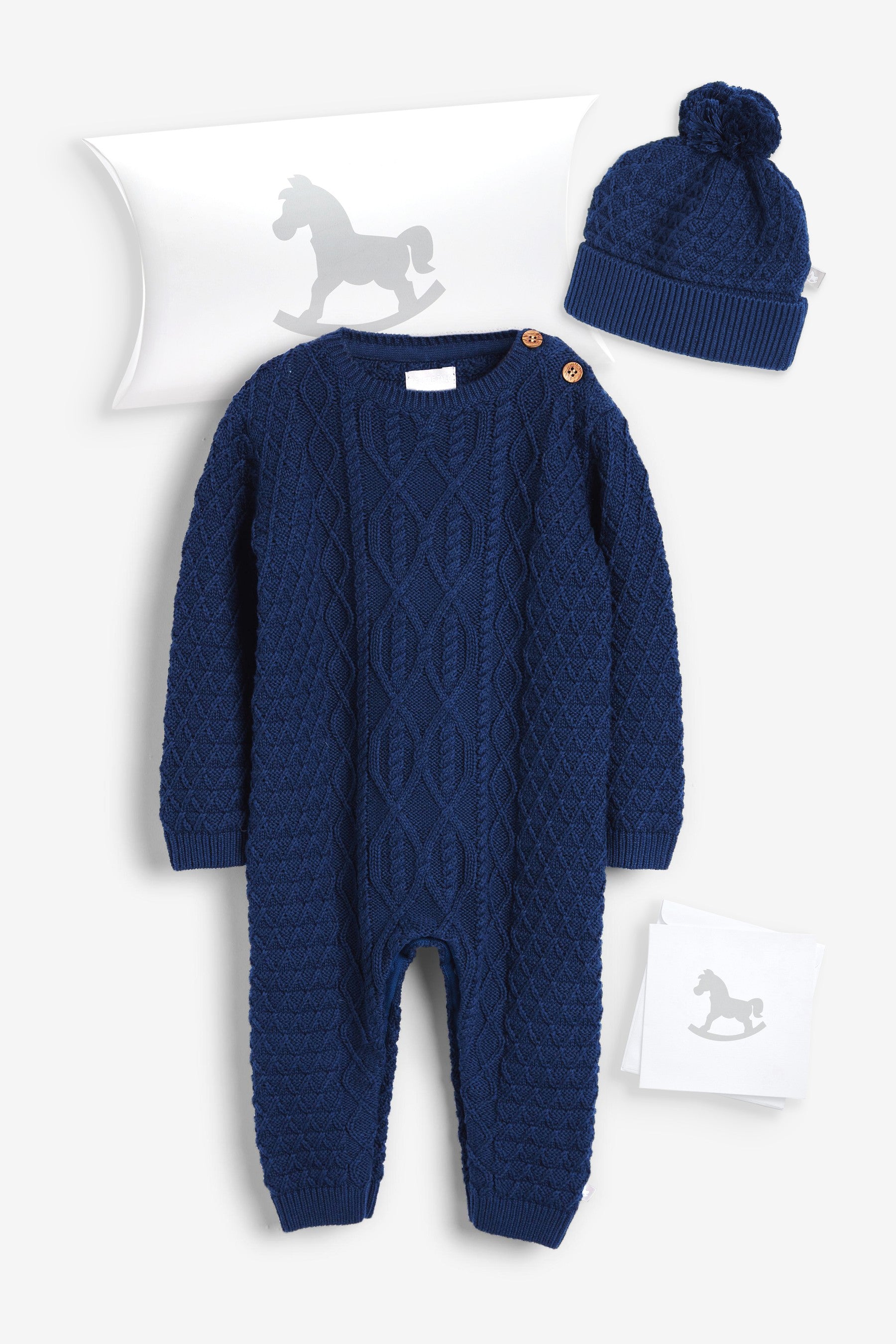 Navy The Little Tailor Cable Knit Romper And Hat Baby Gift Set