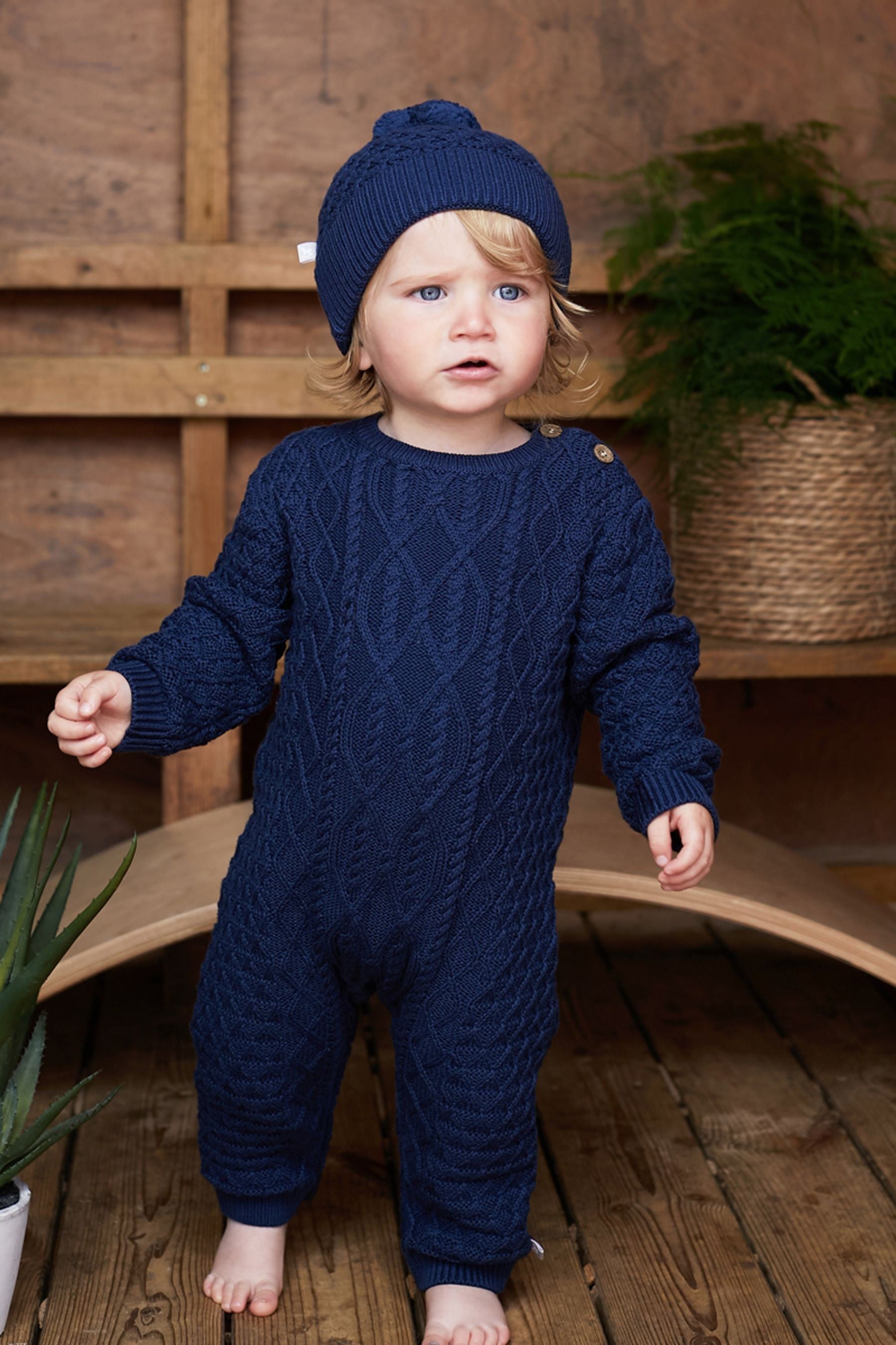 Navy The Little Tailor Cable Knit Romper And Hat Baby Gift Set