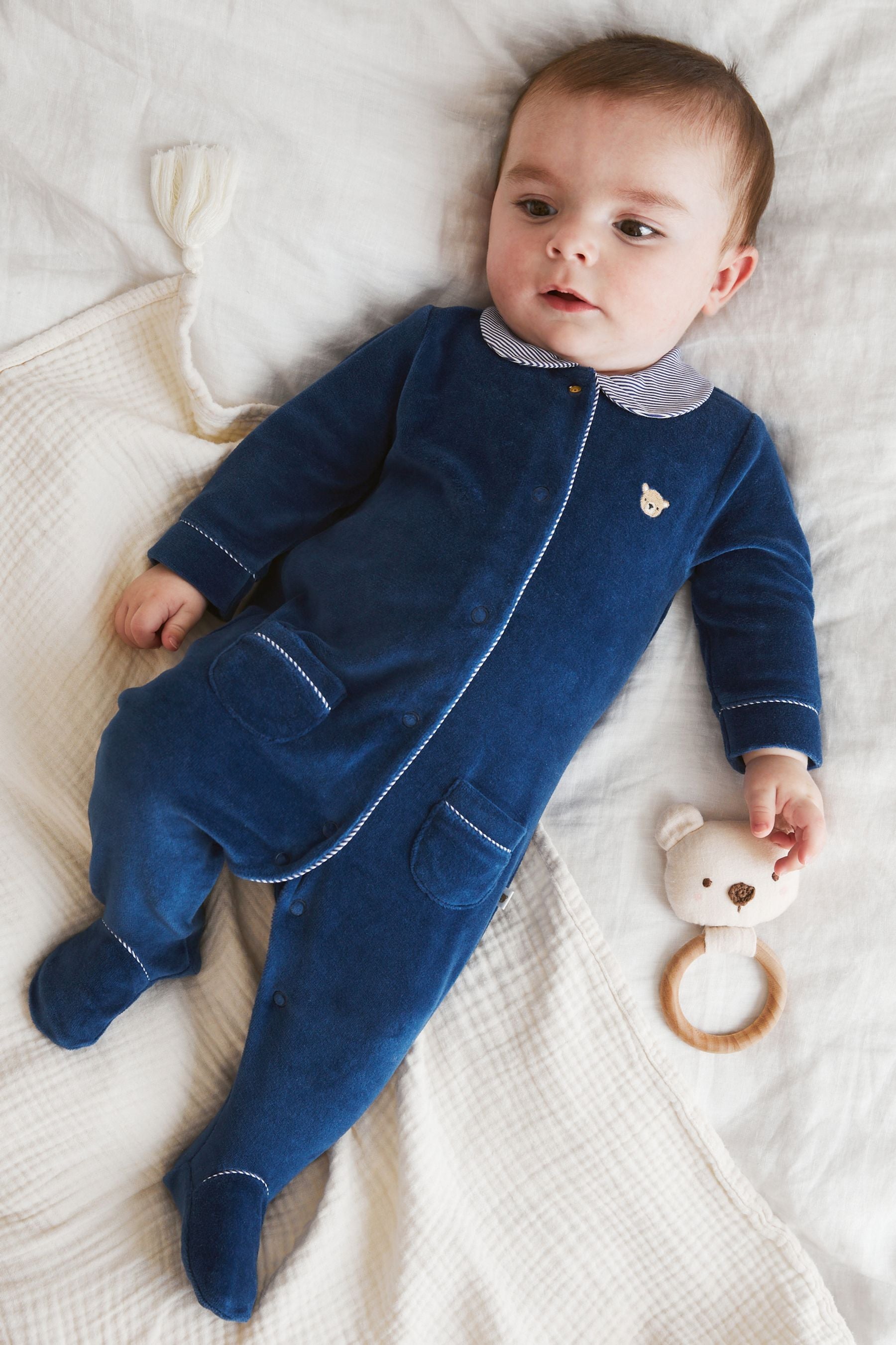 Navy Blue Bear Baby Velour Sleepsuit