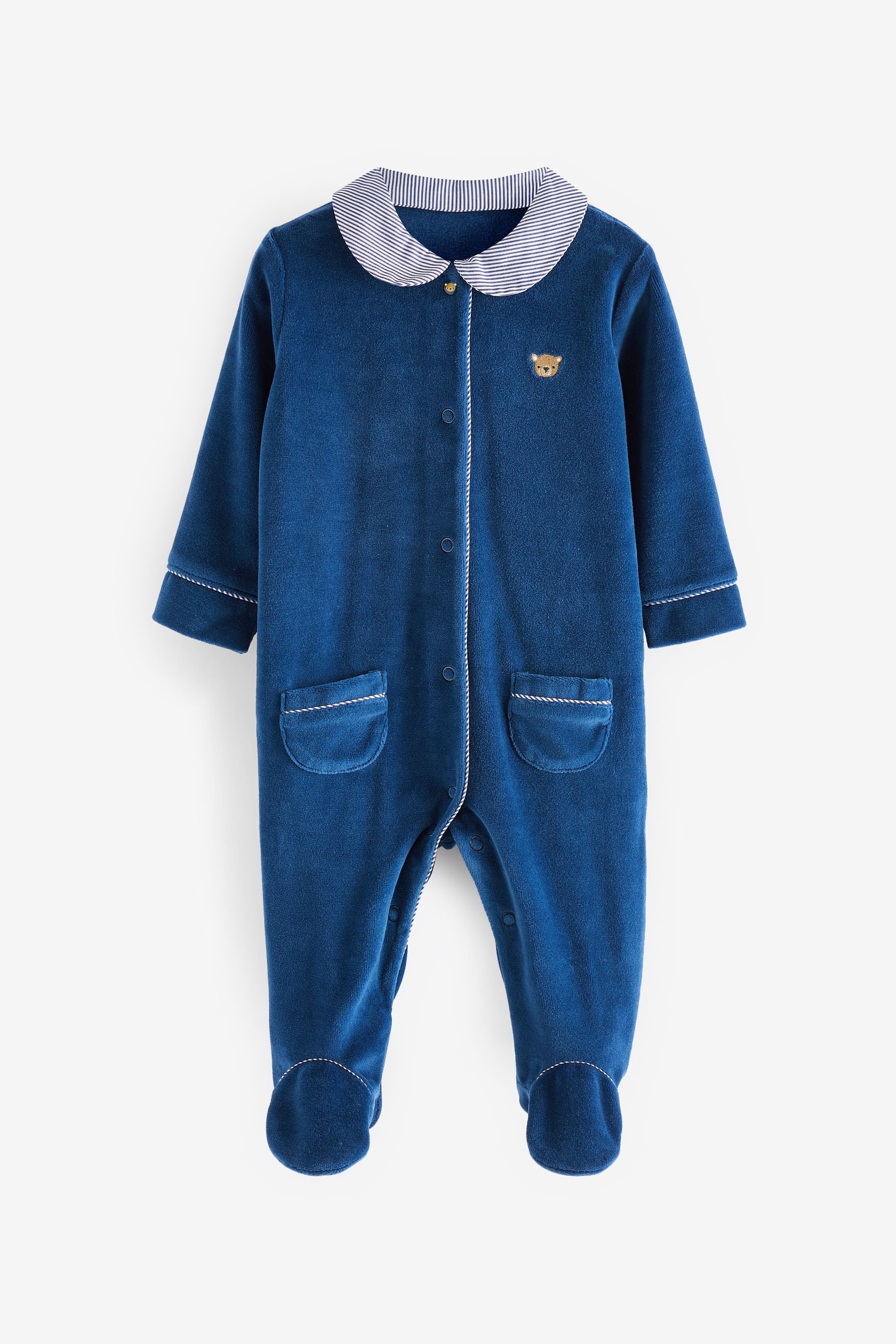 Navy Blue Bear Baby Velour Sleepsuit