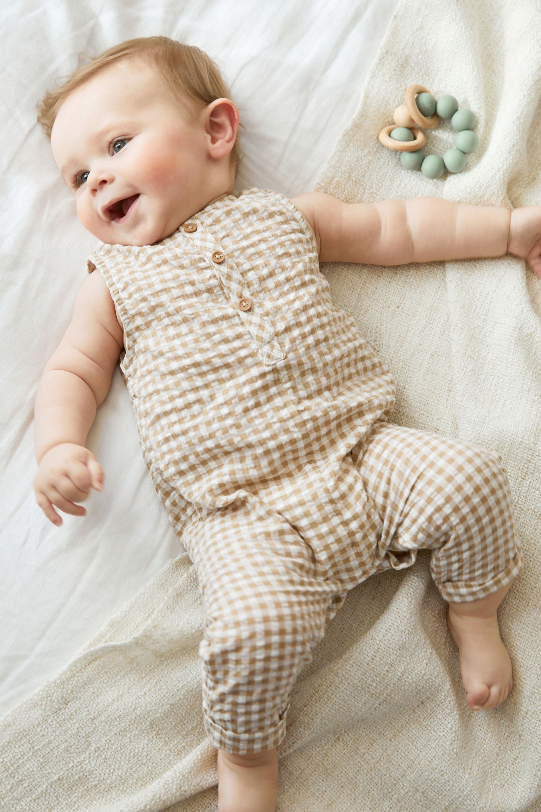 Neutral Gingham Baby Woven Crinkle Romper (0mths-2yrs)