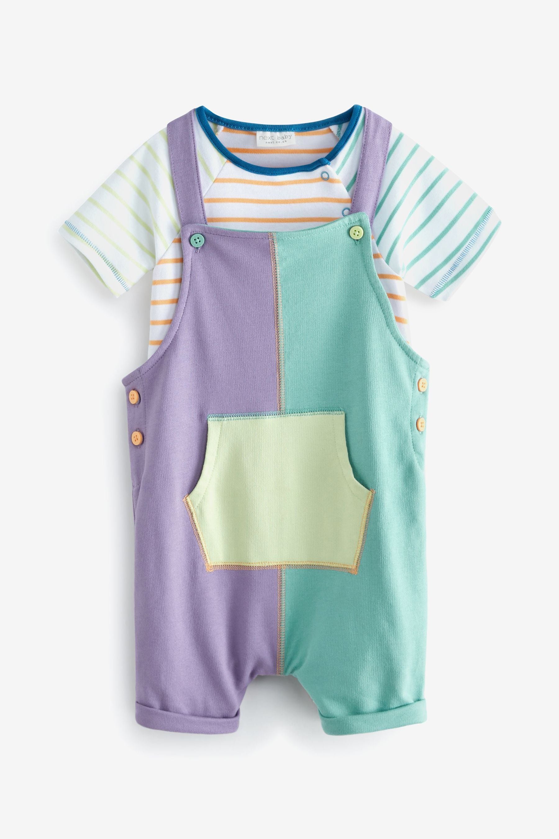 Purple/Green Colourblock Baby Jersey Short Dungarees and Bodysuit Set (0mths-2yrs)