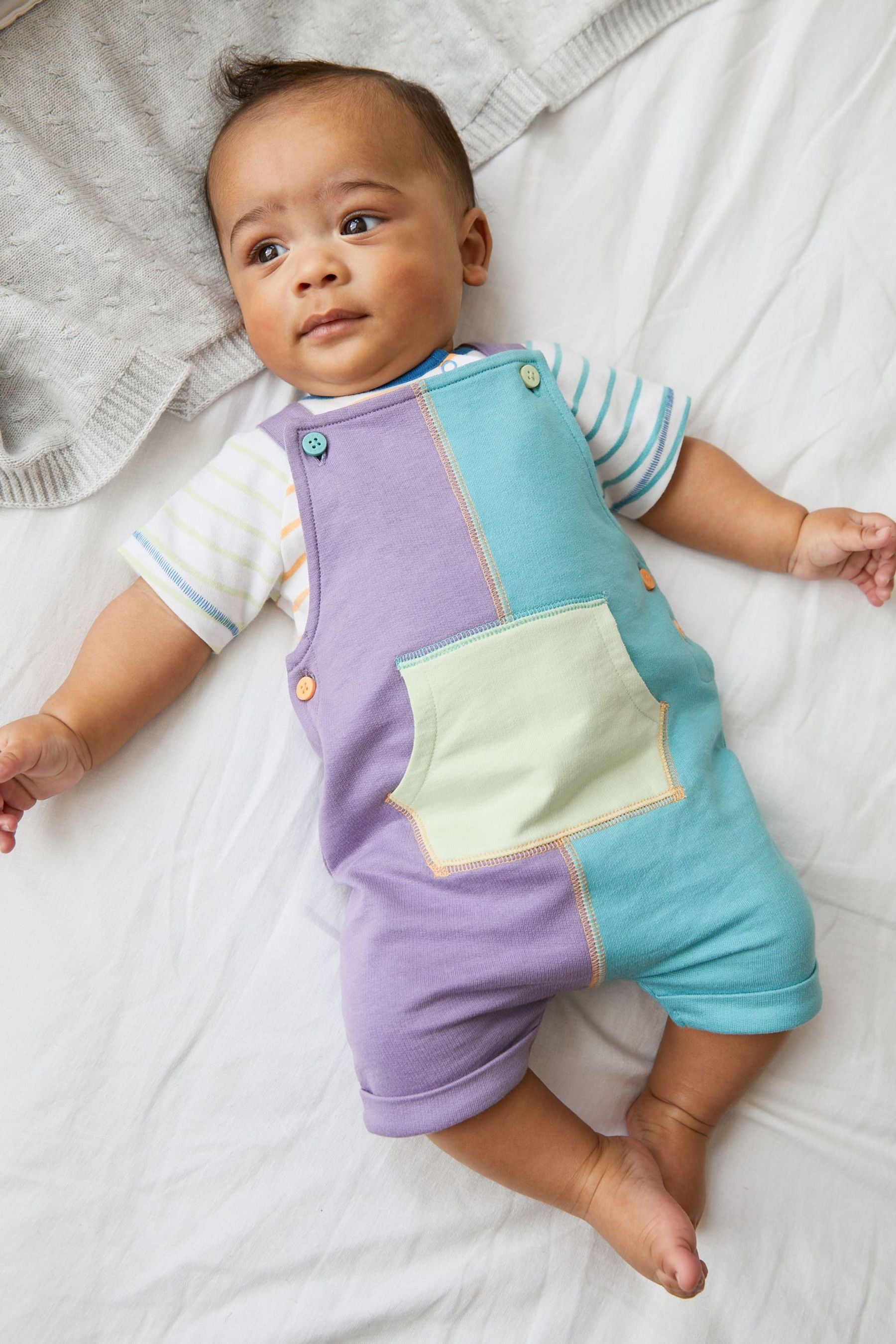 Purple/Green Colourblock Baby Jersey Short Dungarees and Bodysuit Set (0mths-2yrs)