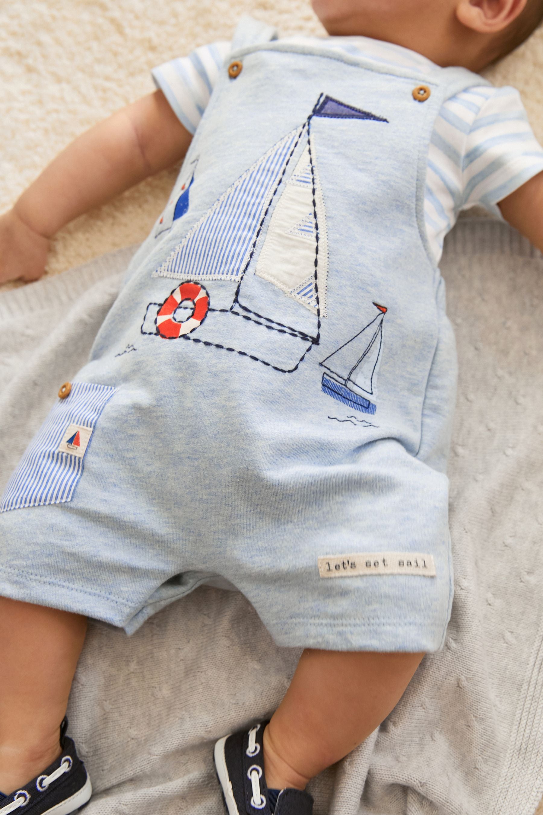 Blue Applique Boat Baby Jersey Dungarees And Bodysuit Set (0mths-2yr