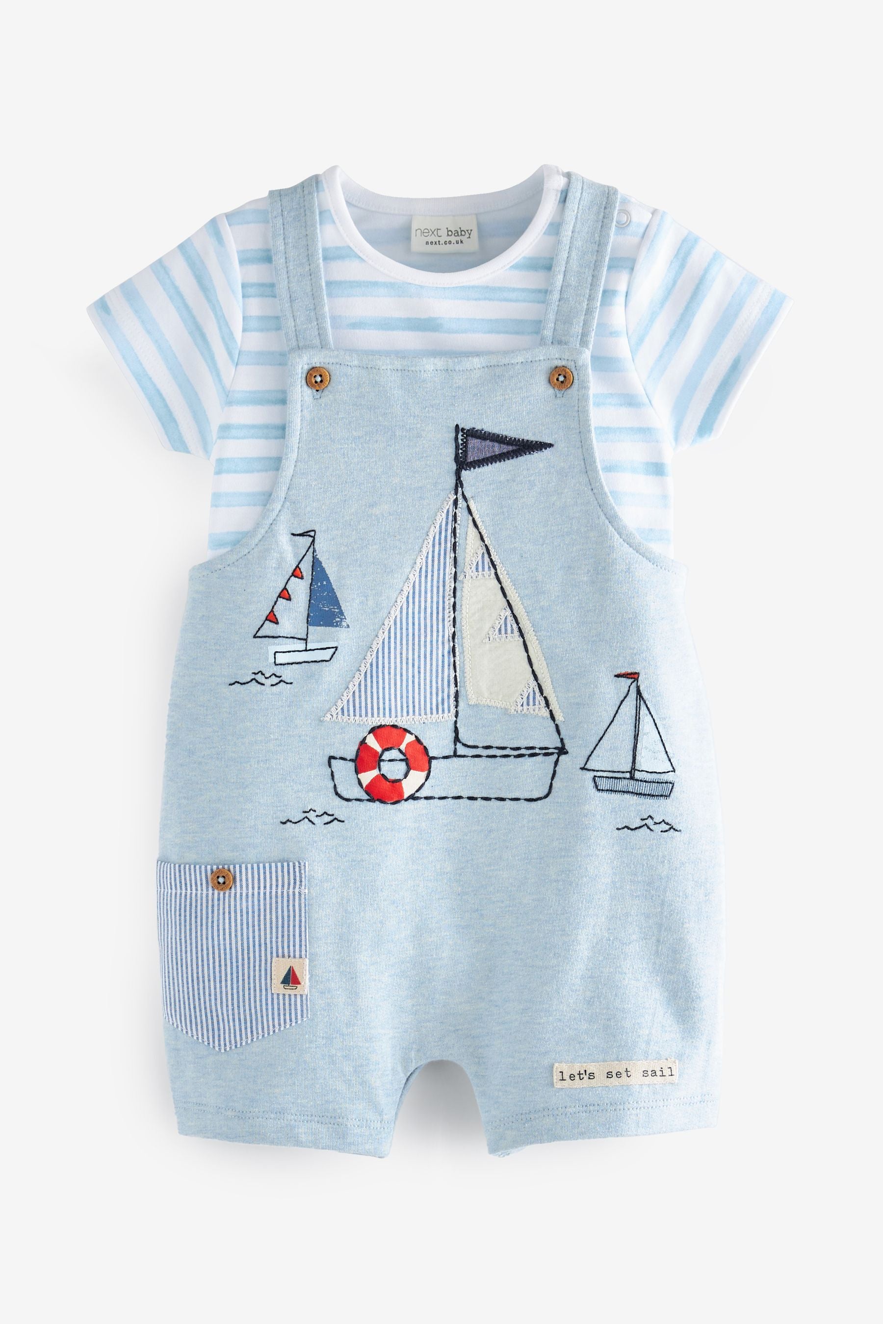 Blue Applique Boat Baby Jersey Dungarees And Bodysuit Set (0mths-2yr