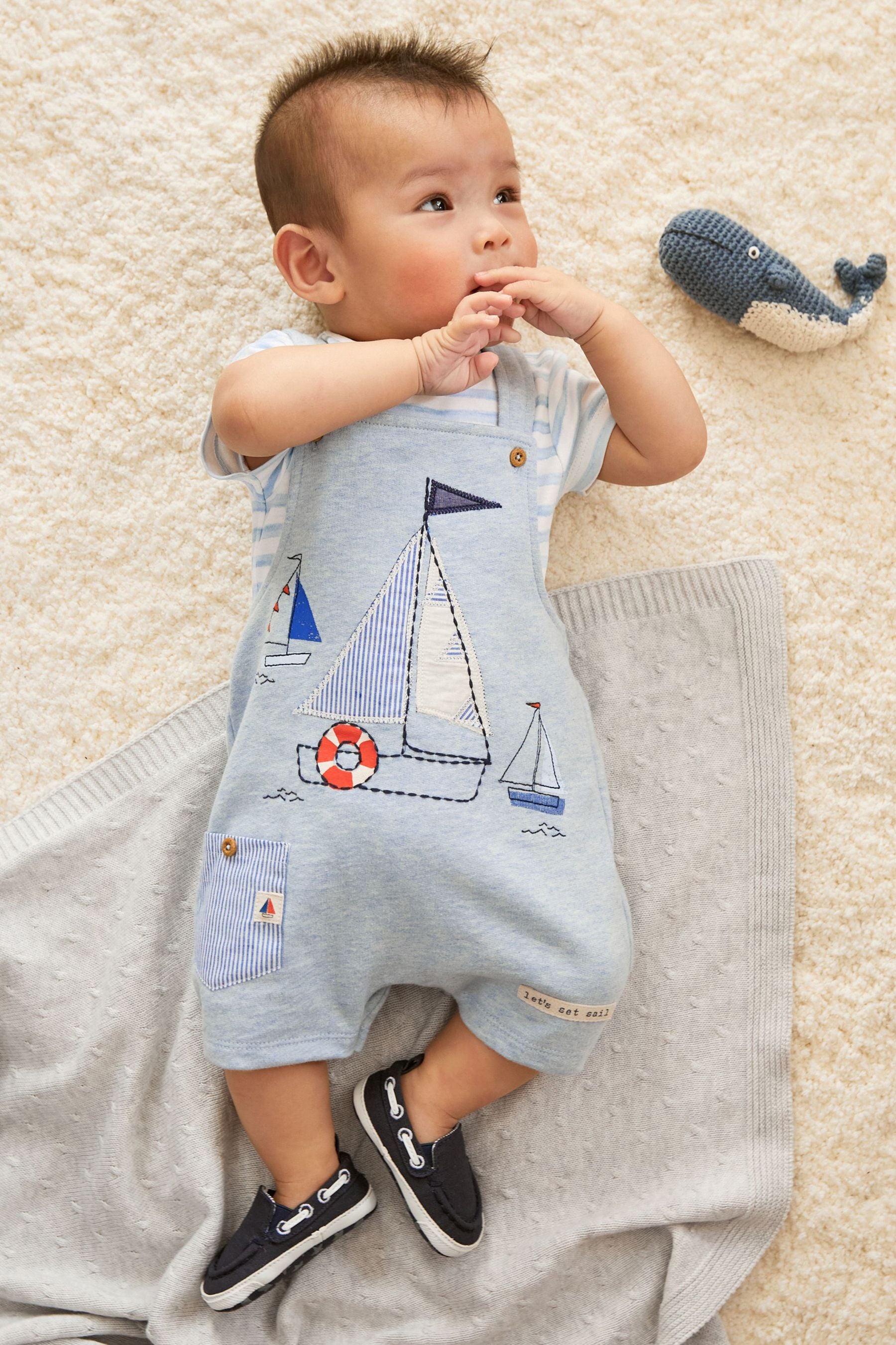 Blue Applique Boat Baby Jersey Dungarees And Bodysuit Set (0mths-2yr