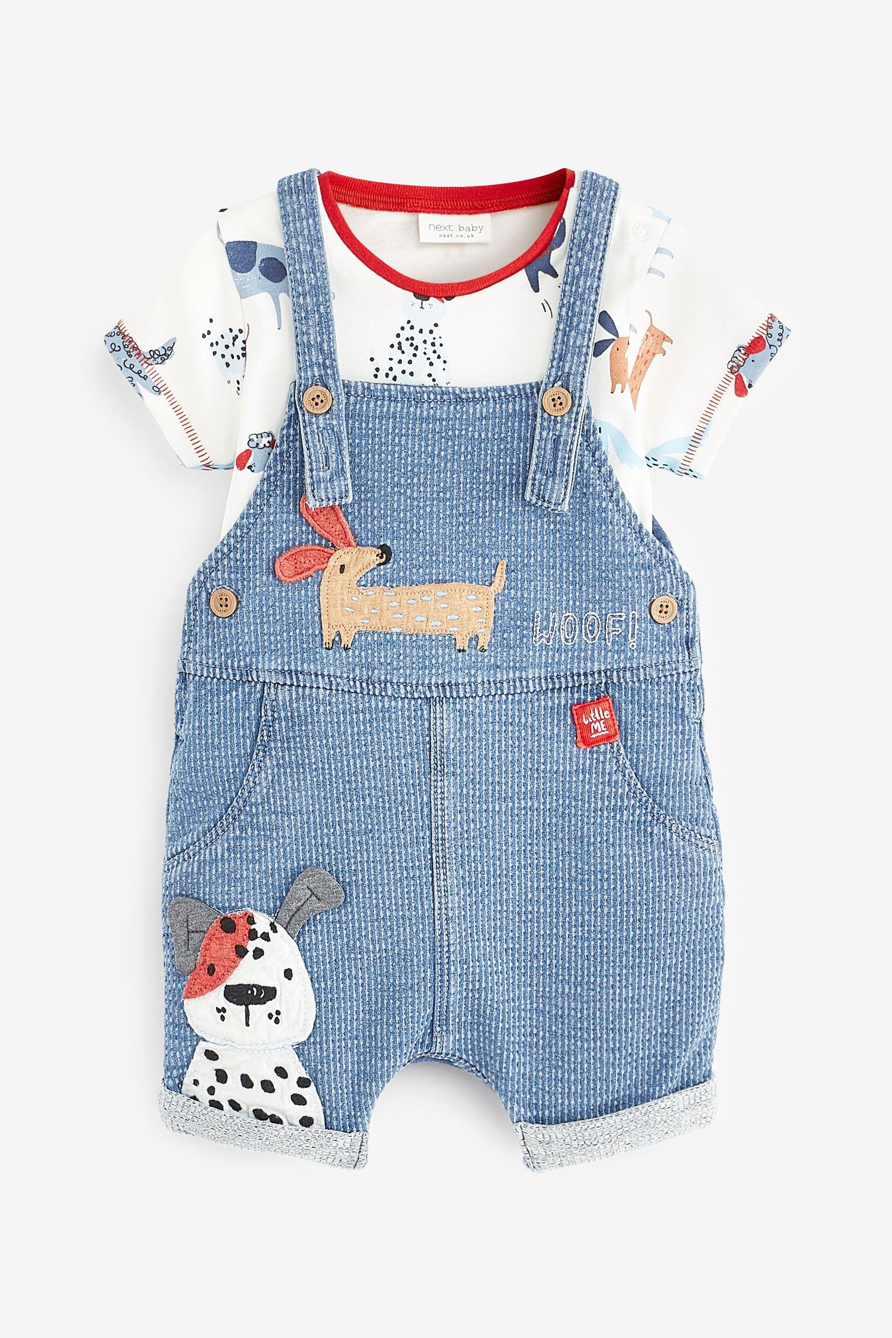 Blue Appliqu Dog Baby 2 Piece Denim Dungaree and Bodysuit Set (0mths-2