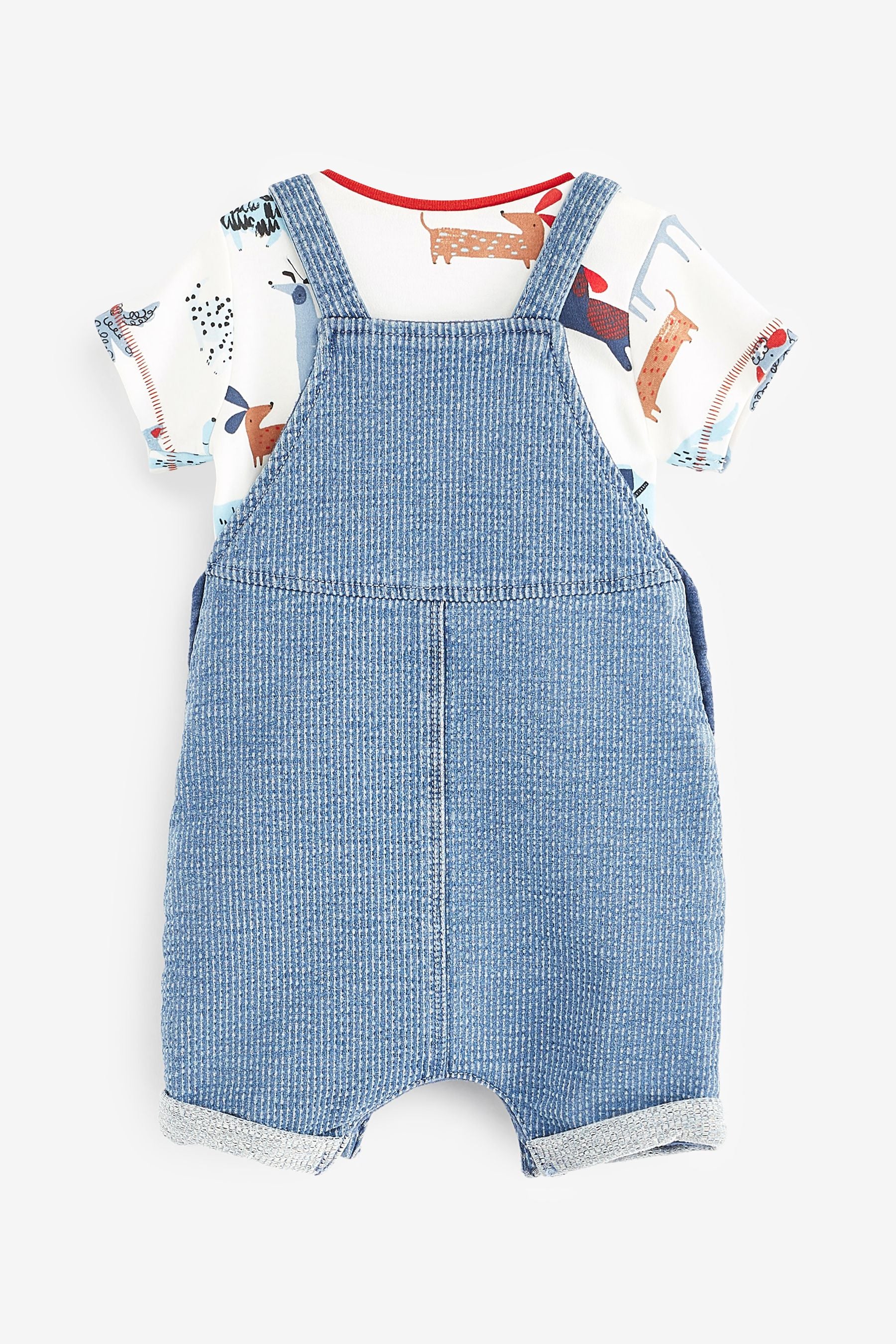 Blue Appliqu Dog Baby 2 Piece Denim Dungaree and Bodysuit Set (0mths-2