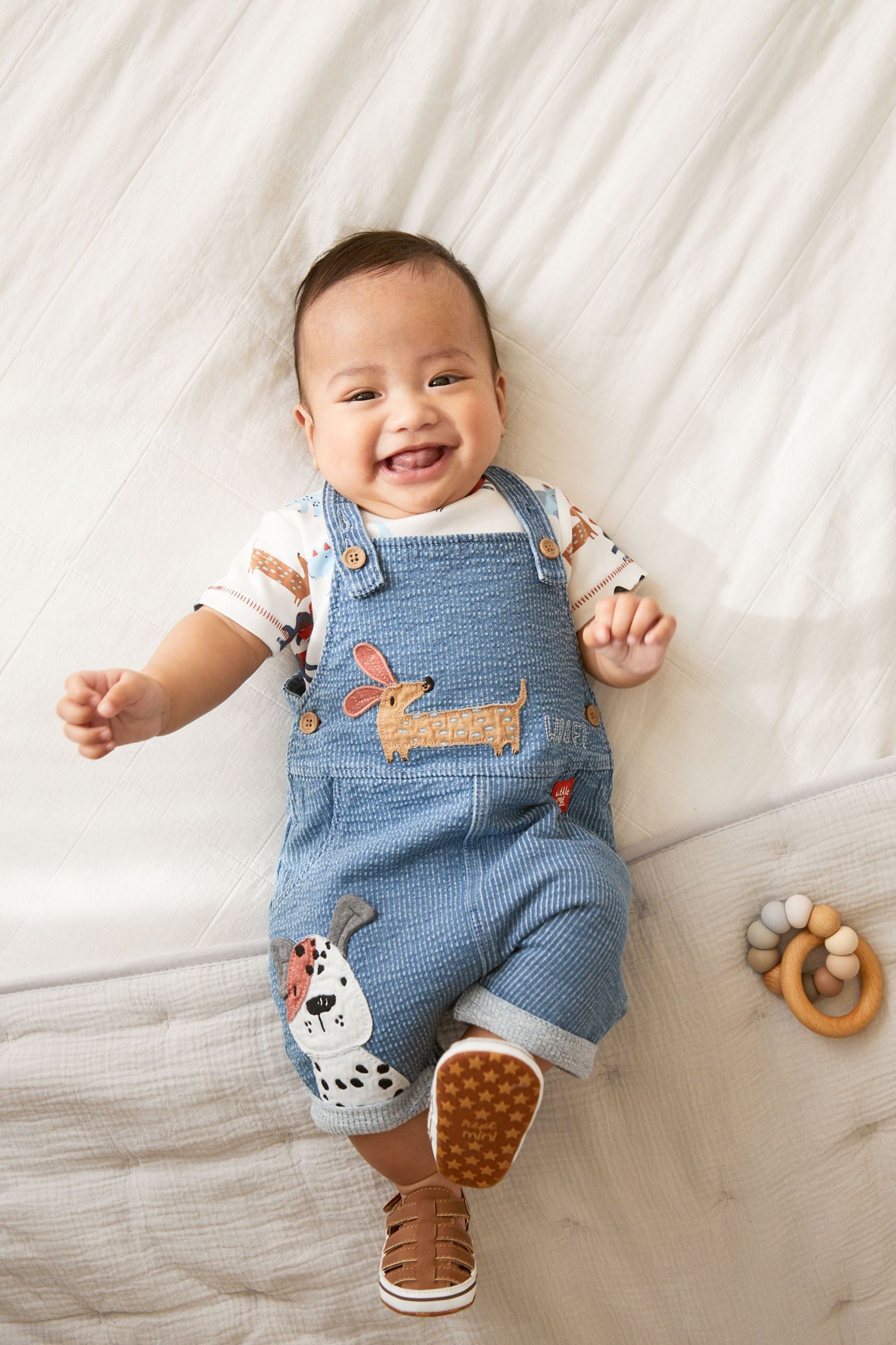 Blue Appliqu Dog Baby 2 Piece Denim Dungaree and Bodysuit Set (0mths-2