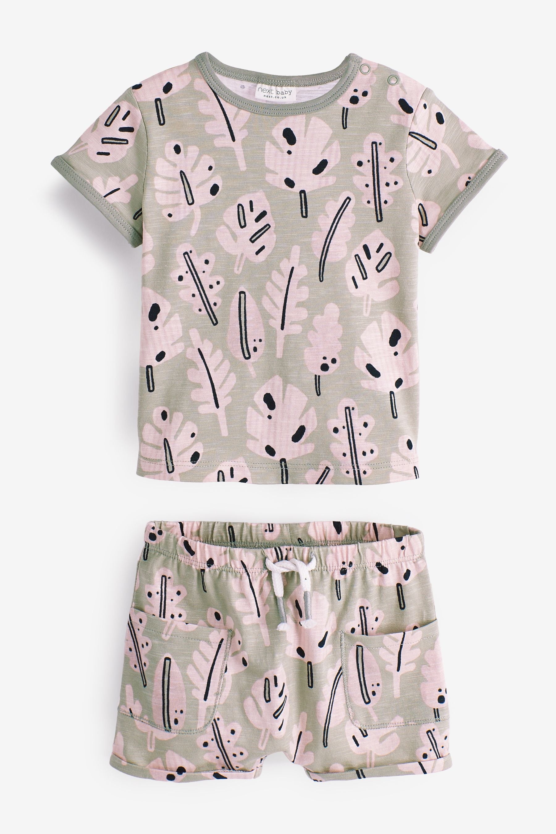 Palm Print Khaki Green Baby 6 Piece T-Shirt and Shorts Set