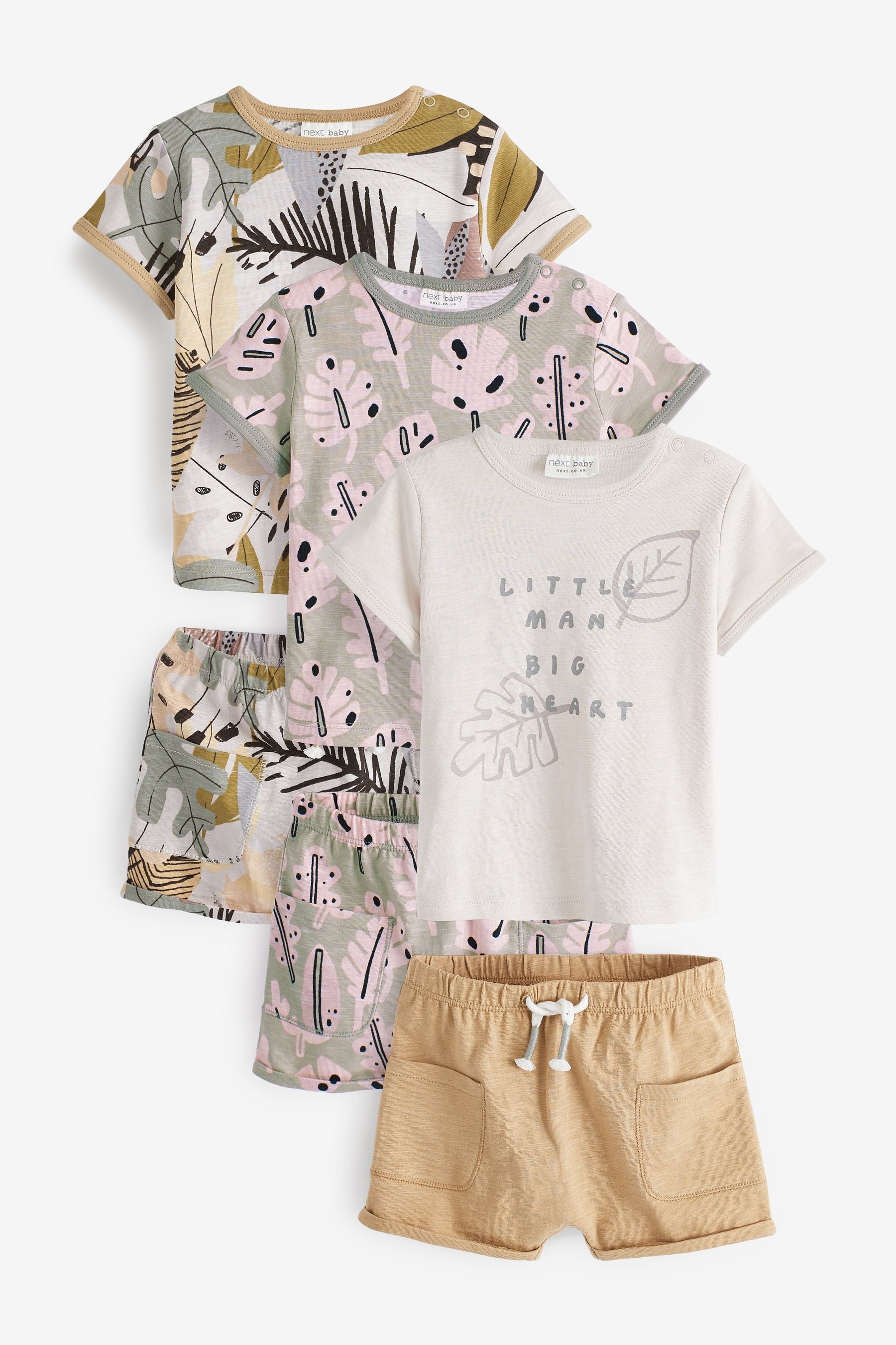 Palm Print Khaki Green Baby 6 Piece T-Shirt and Shorts Set