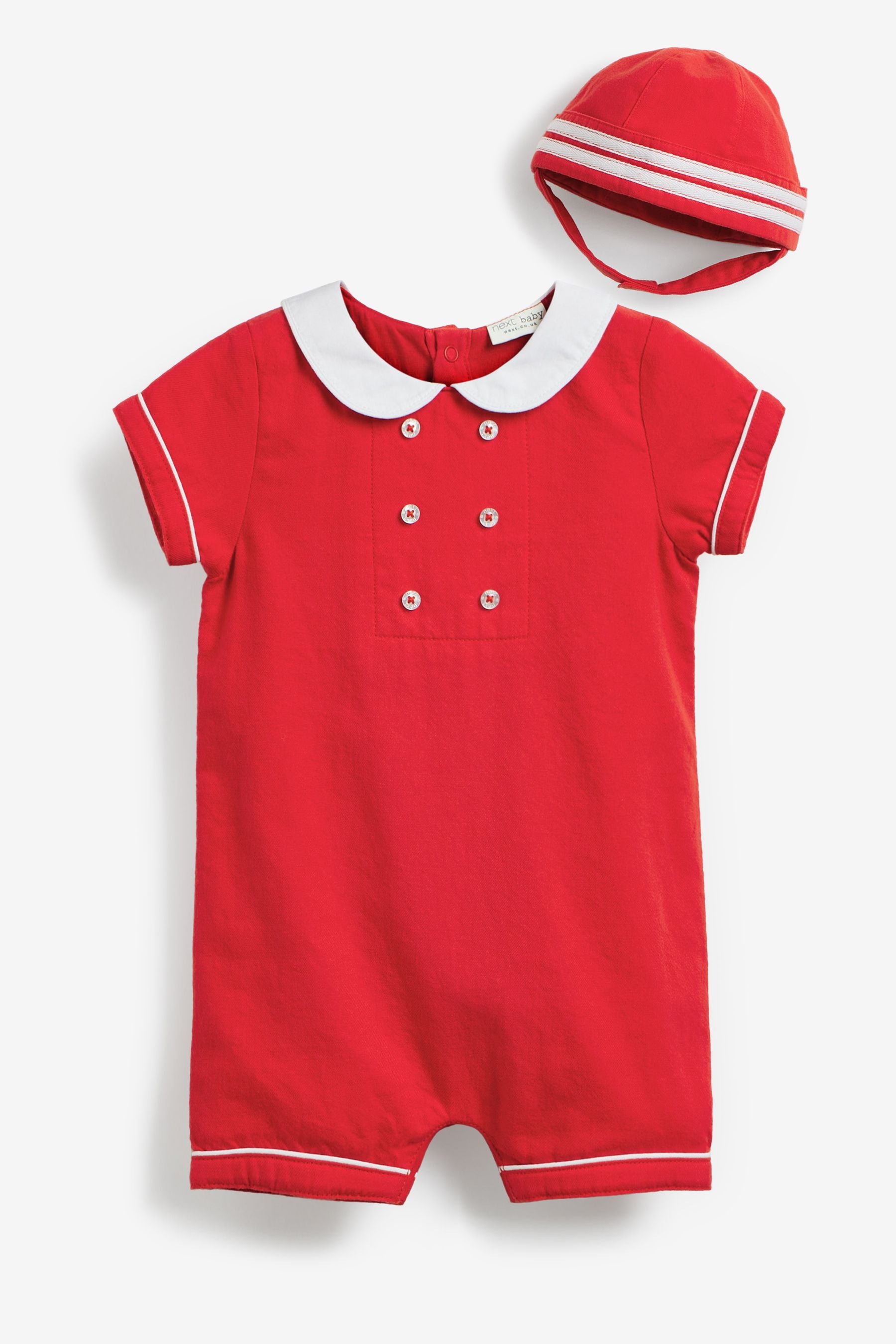 Red/White Collared Baby Smart 2 Piece Romper And Hat Set (0mths-2yrs)