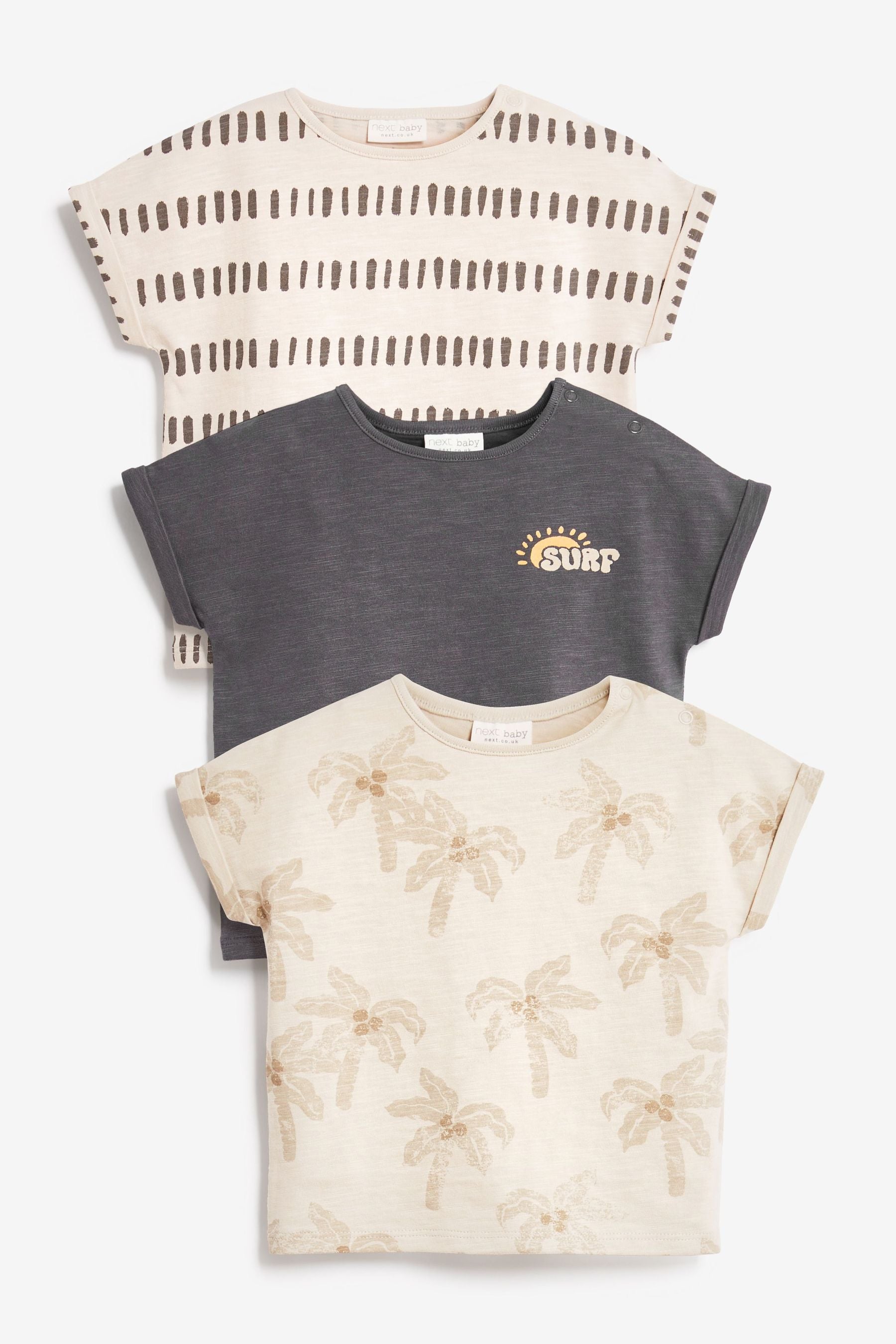 Grey Palm Print Baby 3 Pack Short Sleeved T-Shirts