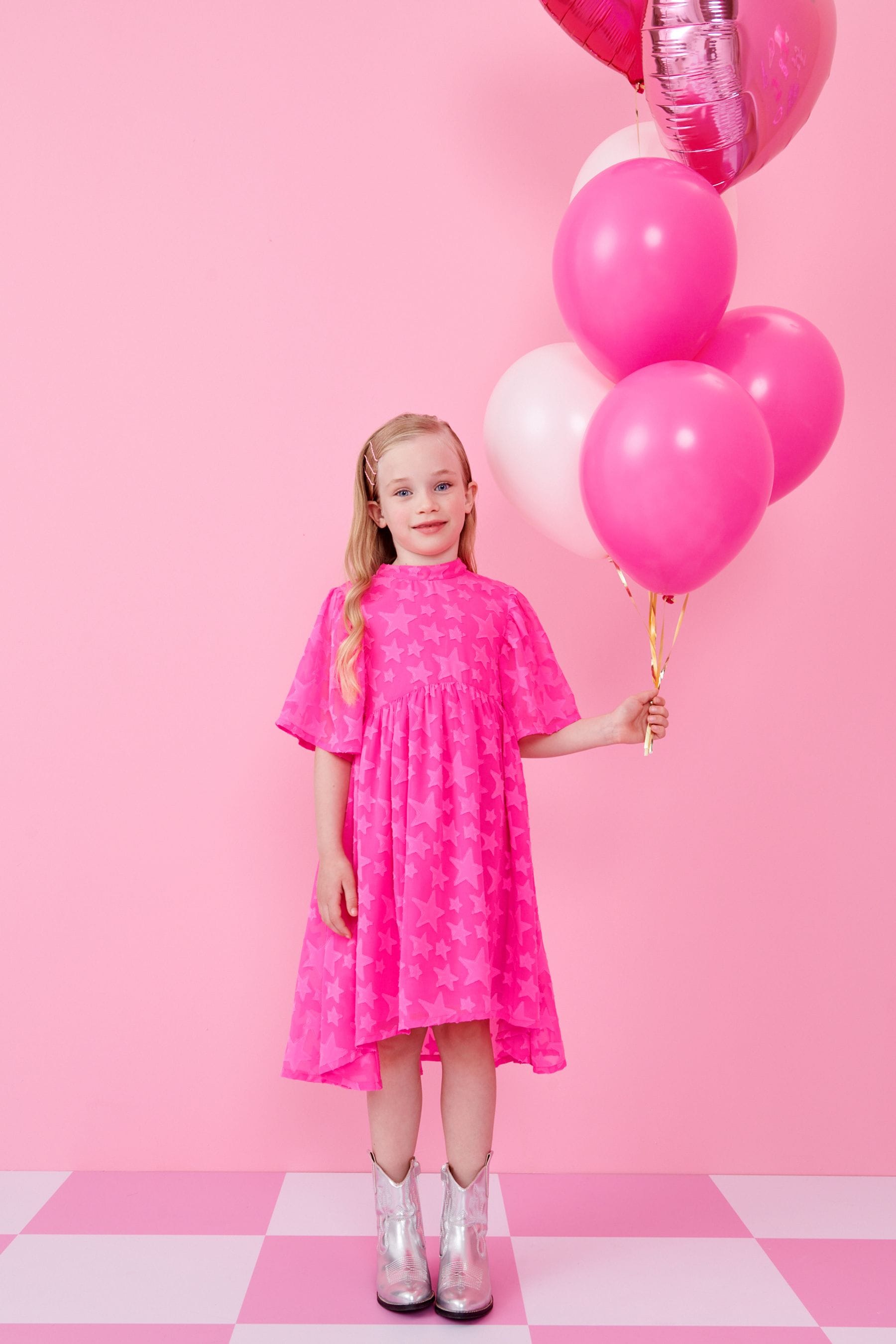 Bright Pink Star Jacquard Party Dress (3-16yrs)