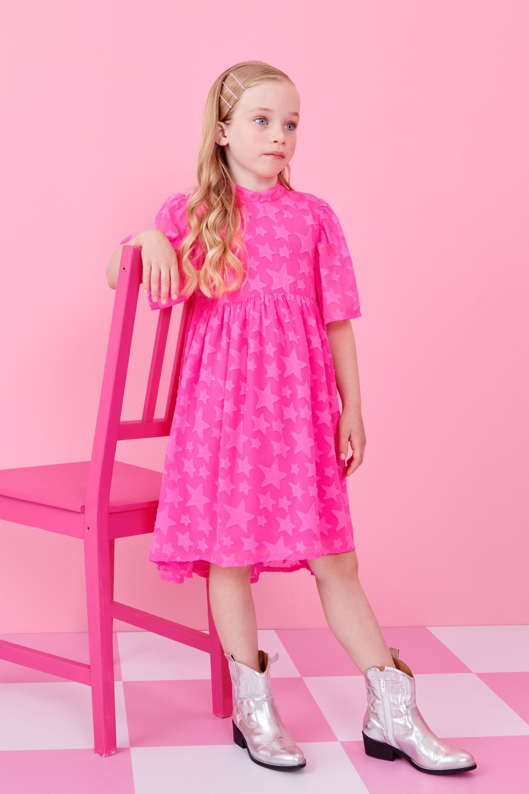 Bright Pink Star Jacquard Party Dress (3-16yrs)