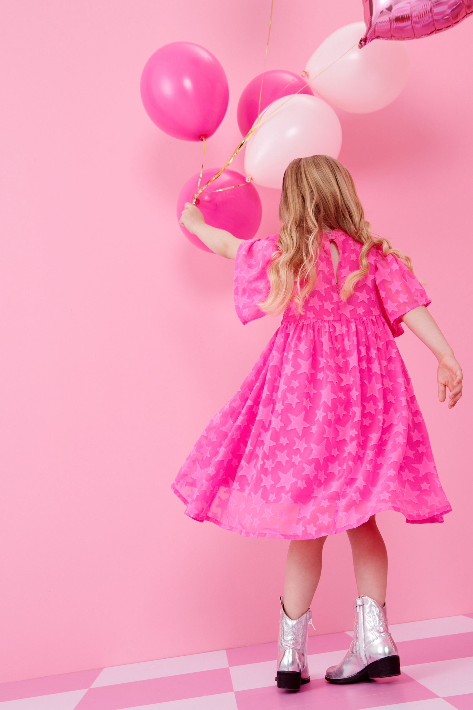 Bright Pink Star Jacquard Party Dress (3-16yrs)